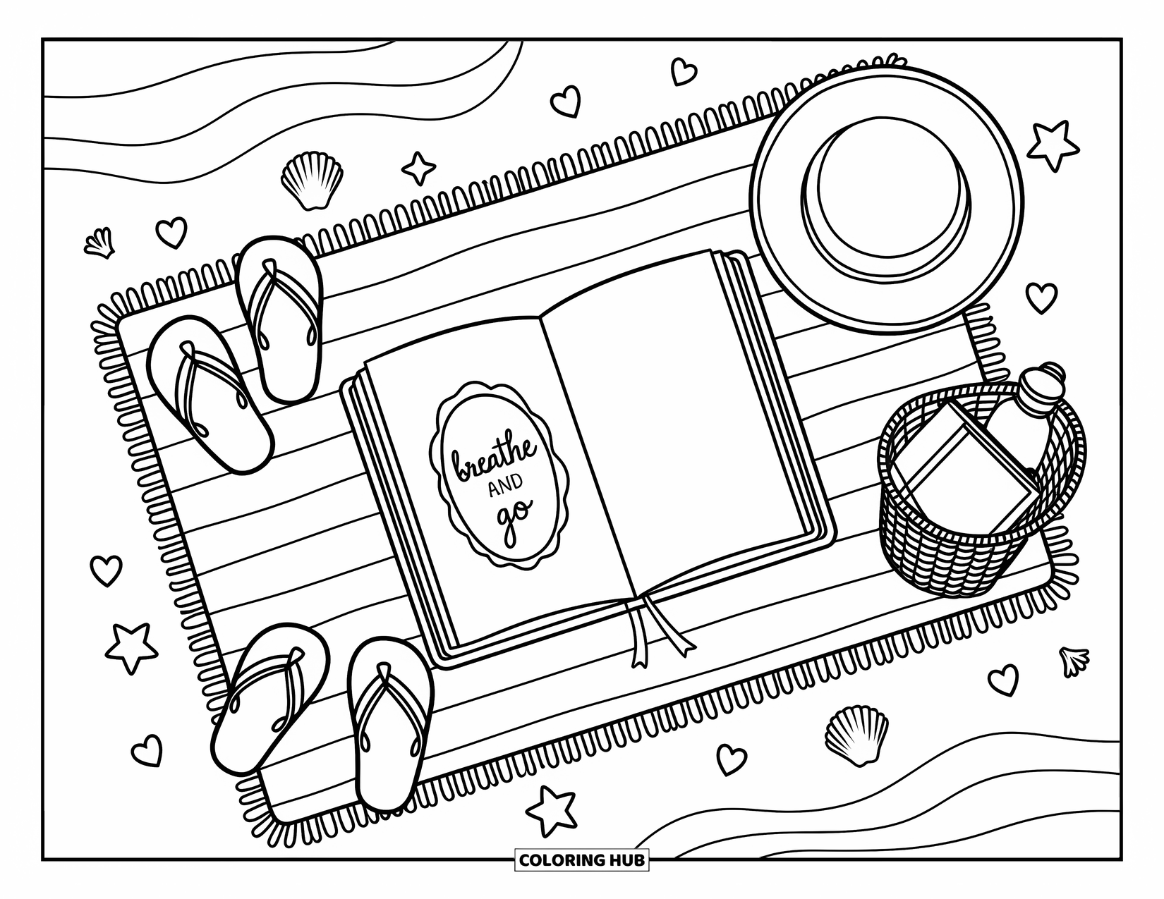 Self Esteem Coloring Page for Adults: Beach picnic mat with journal saying "Breathe and Let Go" framed by seashells