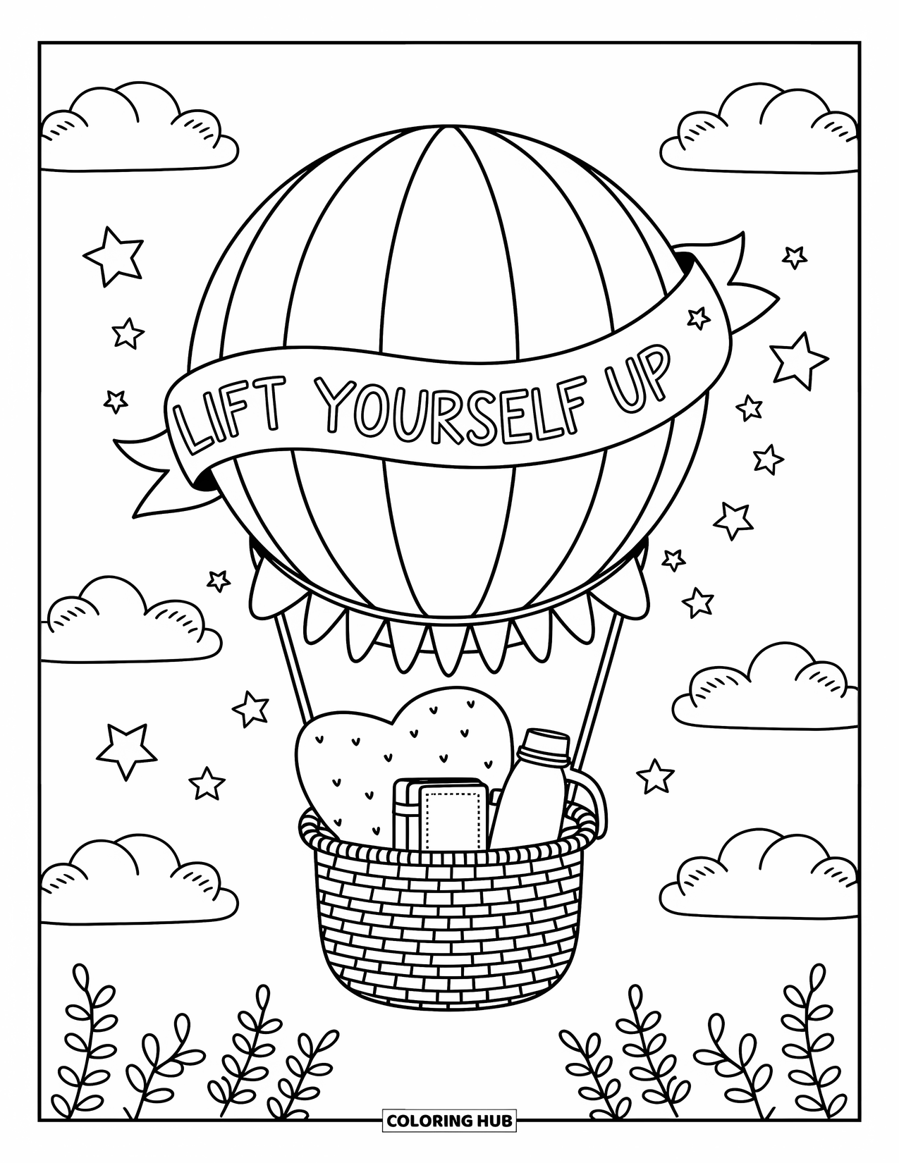 Self Esteem Coloring Page for Adults: Cloudy sky scene with balloon and trailing sign that says "Lift Yourself Up"