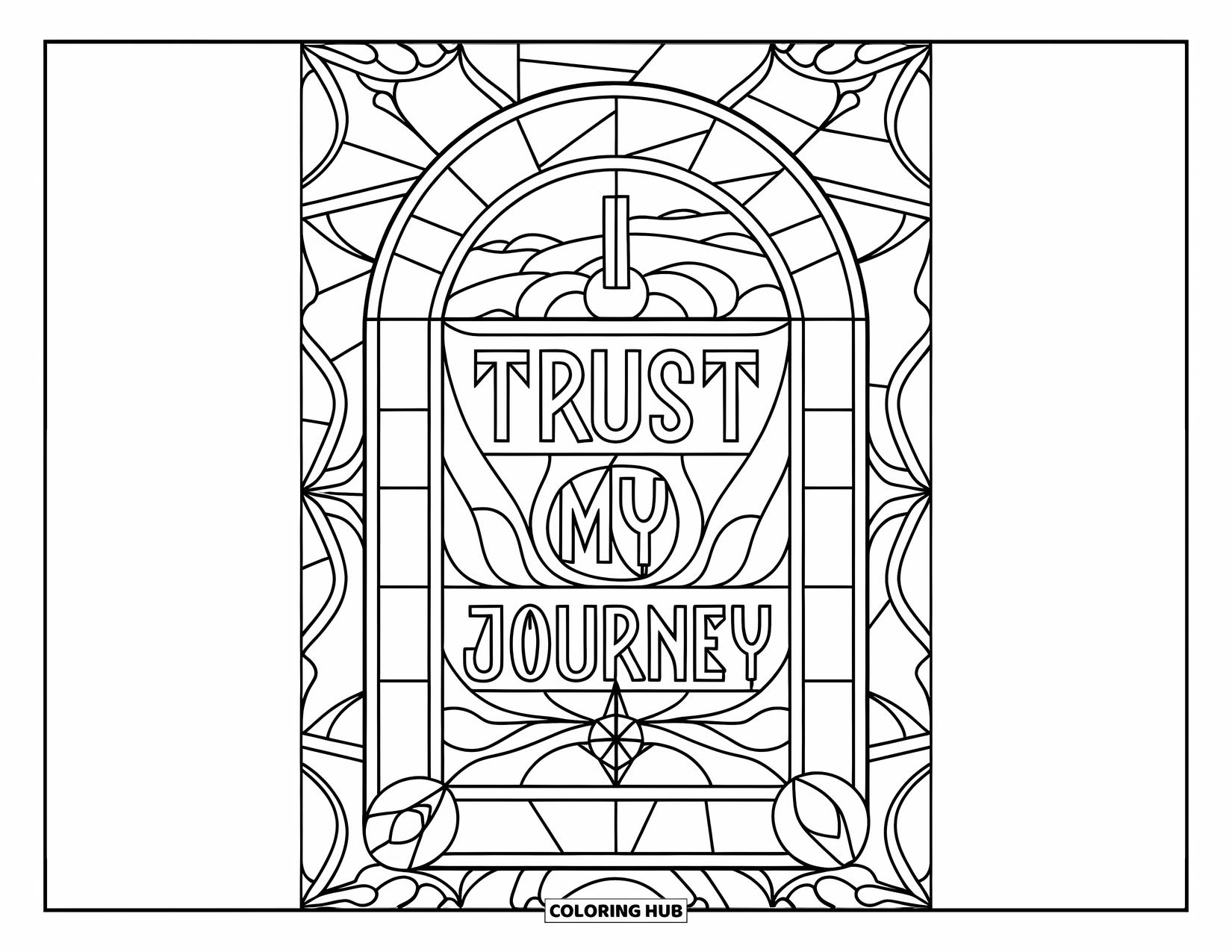 Self Esteem Coloring Page for Adults: "I Trust My Journey" inside stained glass with compass and botanical accents