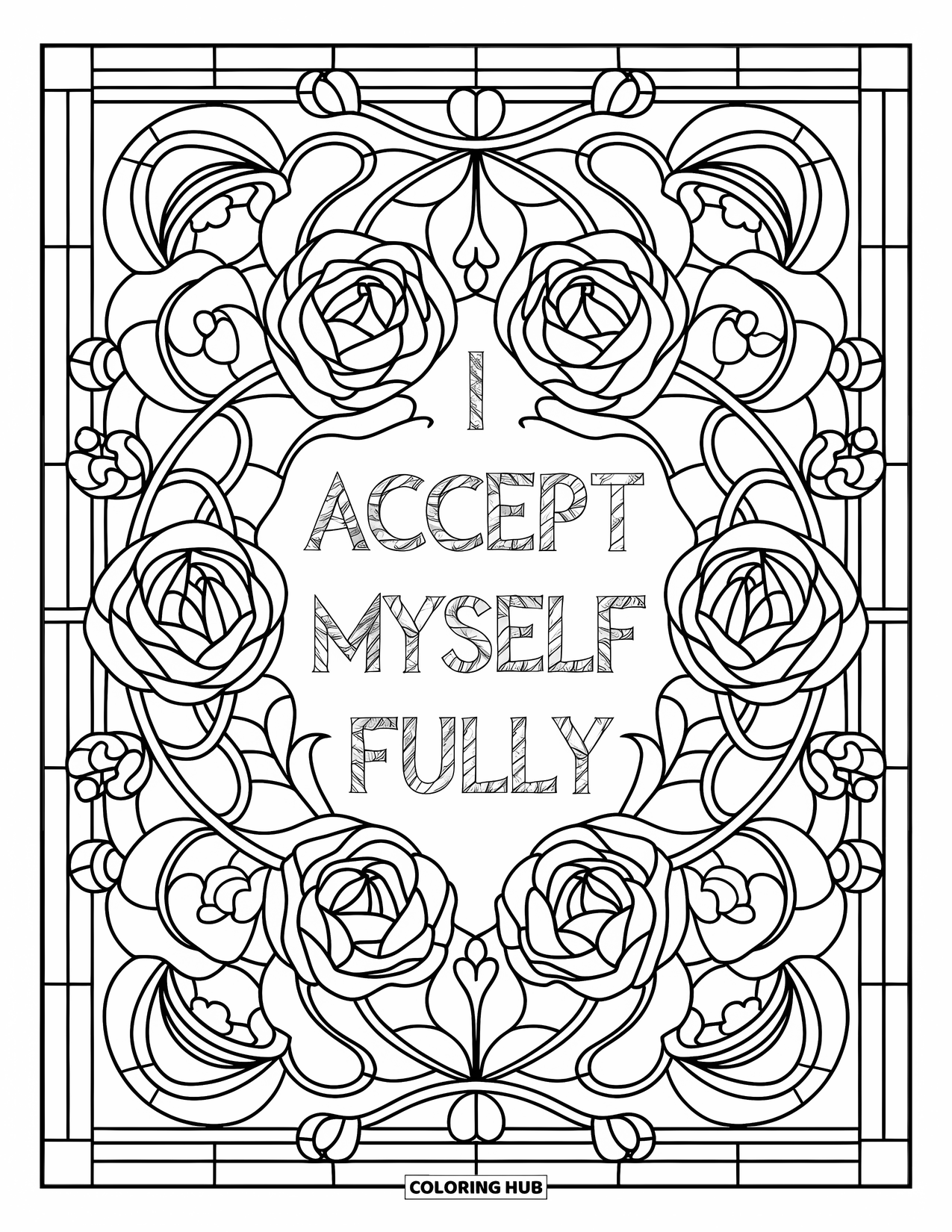 Self Esteem Coloring Page for Adults: Intricate rose and vine mandala with the phrase "I Accept Myself Fully"