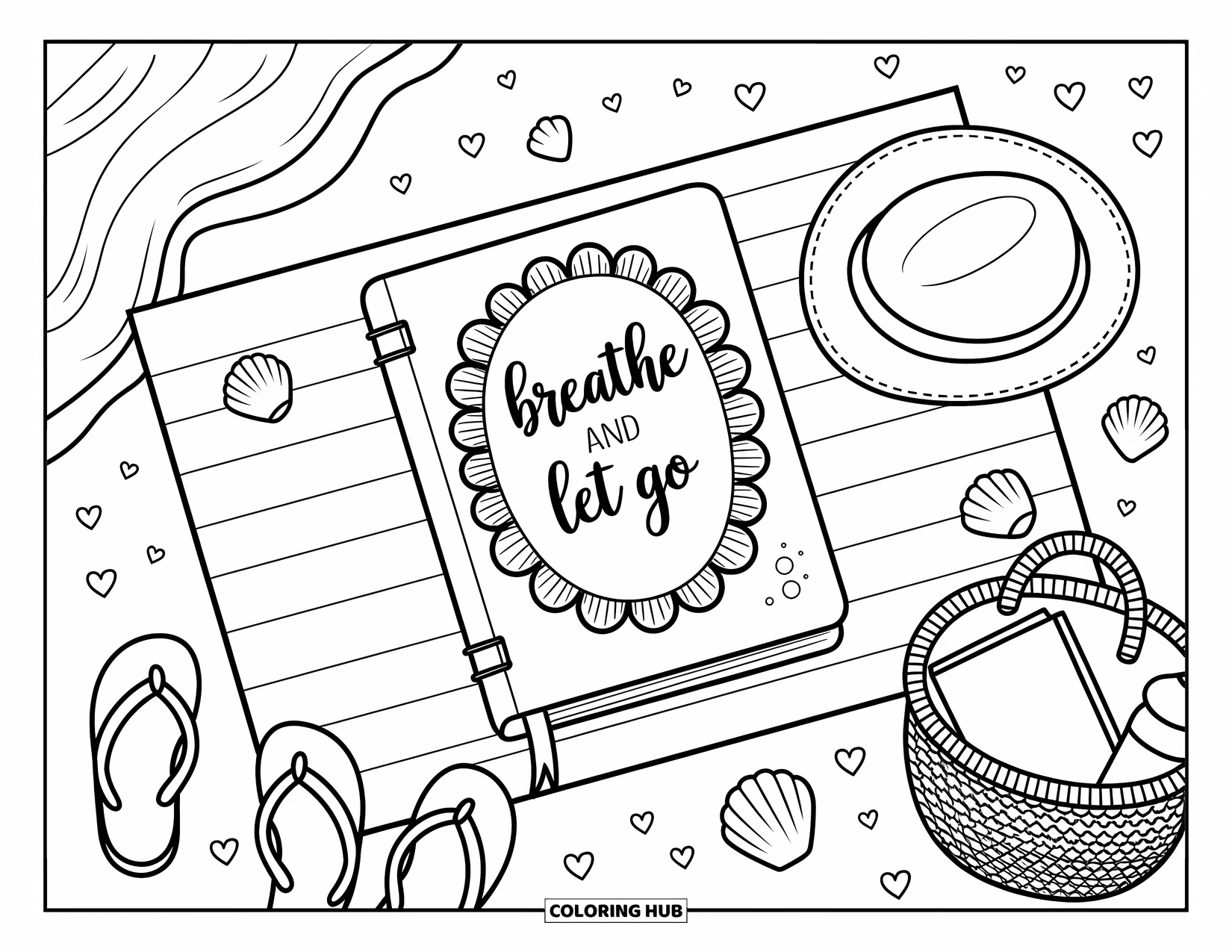 Self Esteem Coloring Page for Adults: Peaceful beach mat with journal note "Breathe and Let Go" and seashell accents