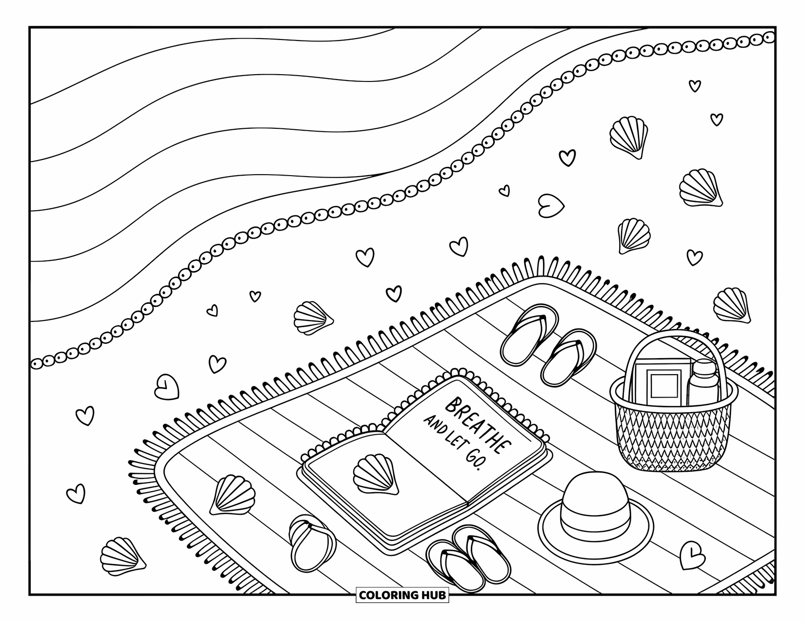 Self Esteem Coloring Page for Adults: Seaside scene with flip-flops, hat, and journal reading "Breathe and Let Go"