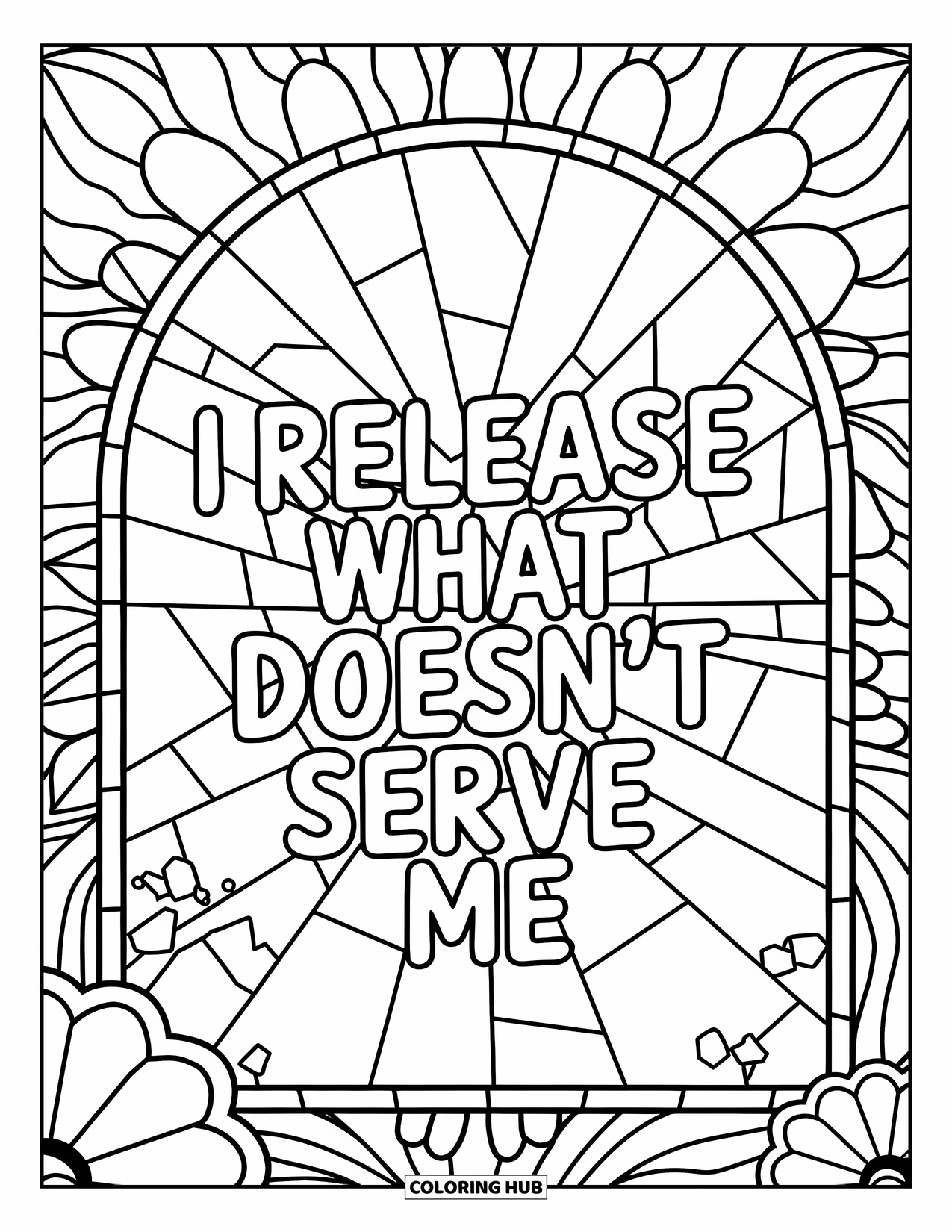 Self Esteem Coloring Page for Adults: Shattered stained glass with the words "I Release What Doesn't Serve Me"