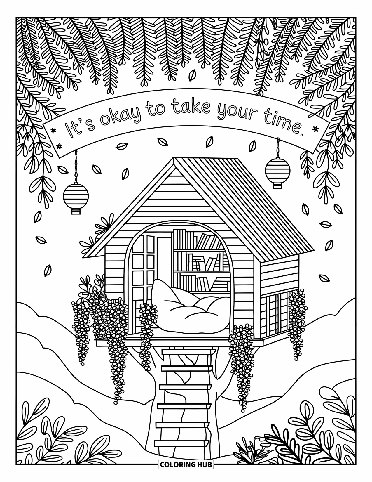 Self Esteem Coloring Page for Adults: Treehouse nook with beanbag, bookshelves, and sign "It's Okay to Take Your Time"