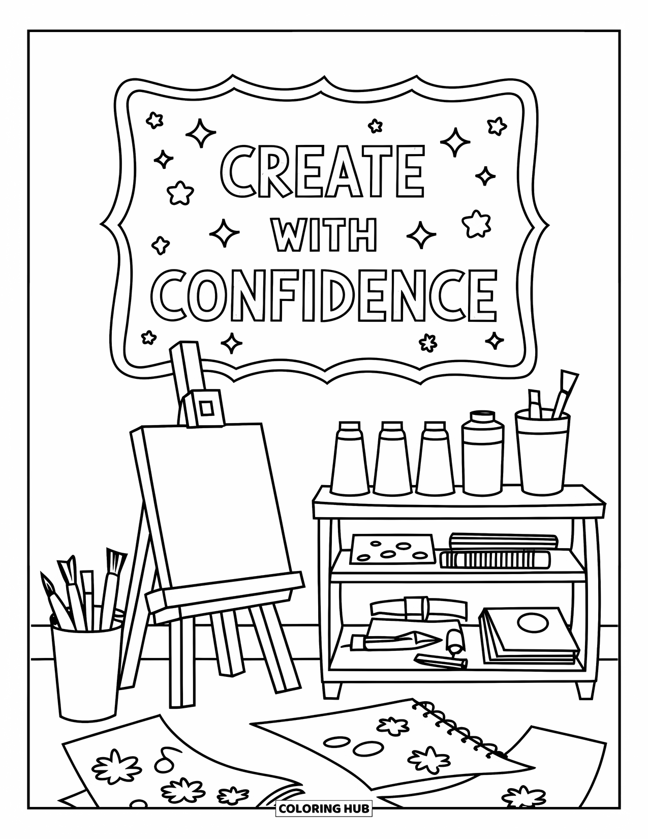 Self Esteem Coloring Page for Kids: Art corner with blank canvas, supplies, and a "Create with Confidence" sign