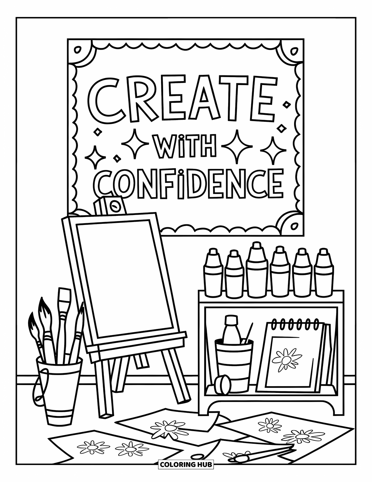 Self Esteem Coloring Page for Kids: Art nook with easel, brushes, doodles, and a poster saying "Create with Confidence"