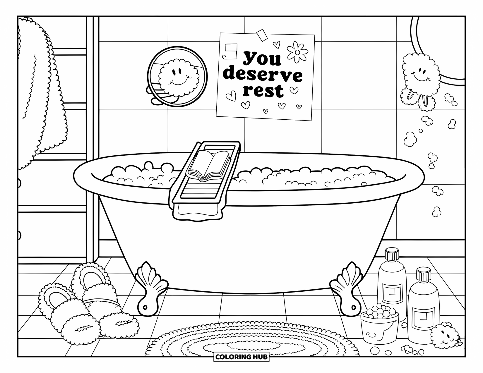 Self Esteem Coloring Page for Kids: Bathroom scene with tub, book, and a note saying "You Deserve Rest"
