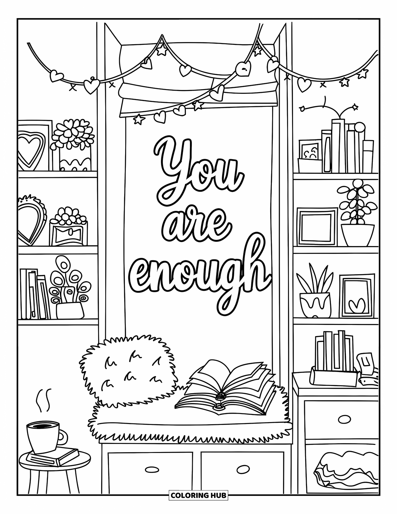 Self Esteem Coloring Page for Kids: Cozy bedroom with plants, books, and garland reading "You Are Enough"