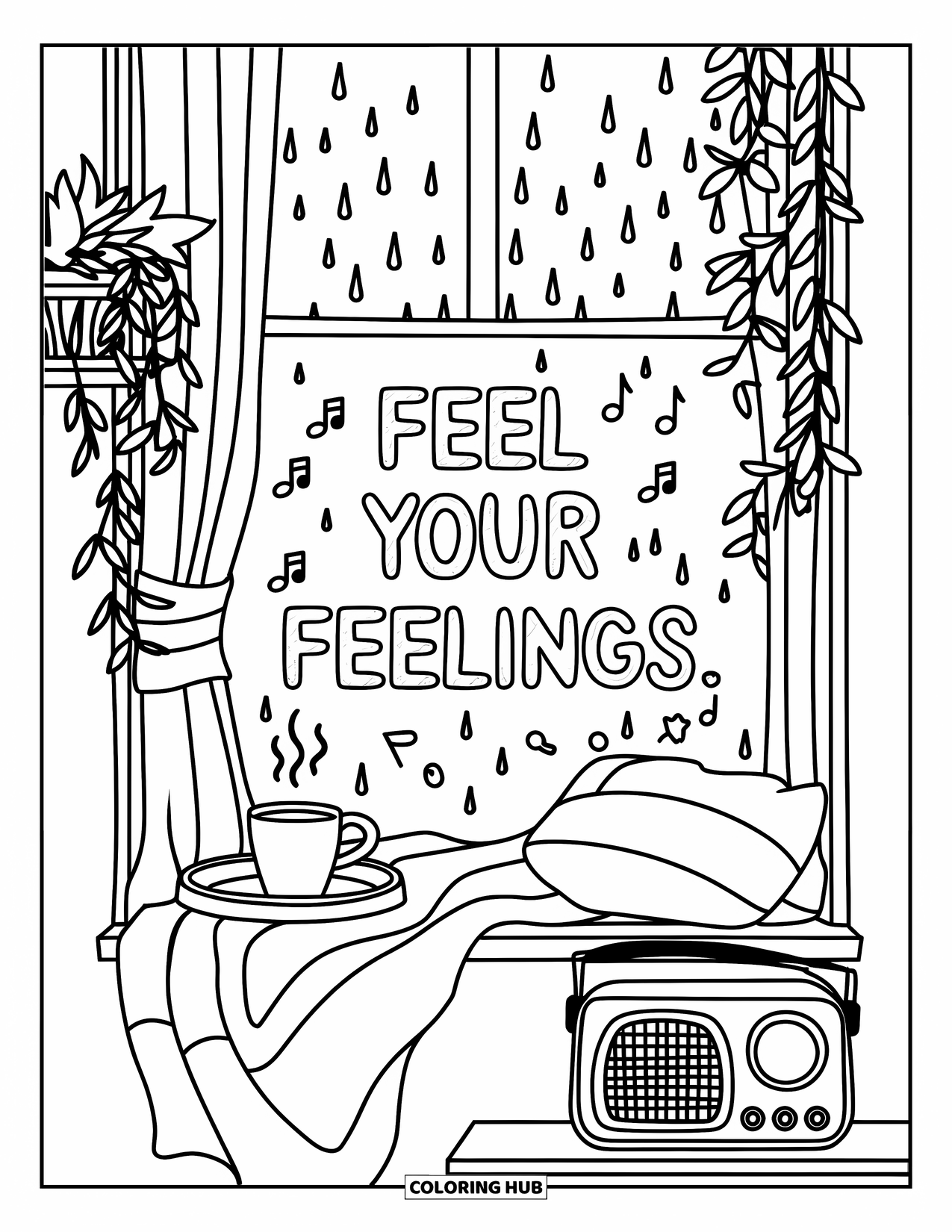 Self Esteem Coloring Page for Kids: Cozy nook with tea, radio, and foggy glass saying "Feel Your Feelings"