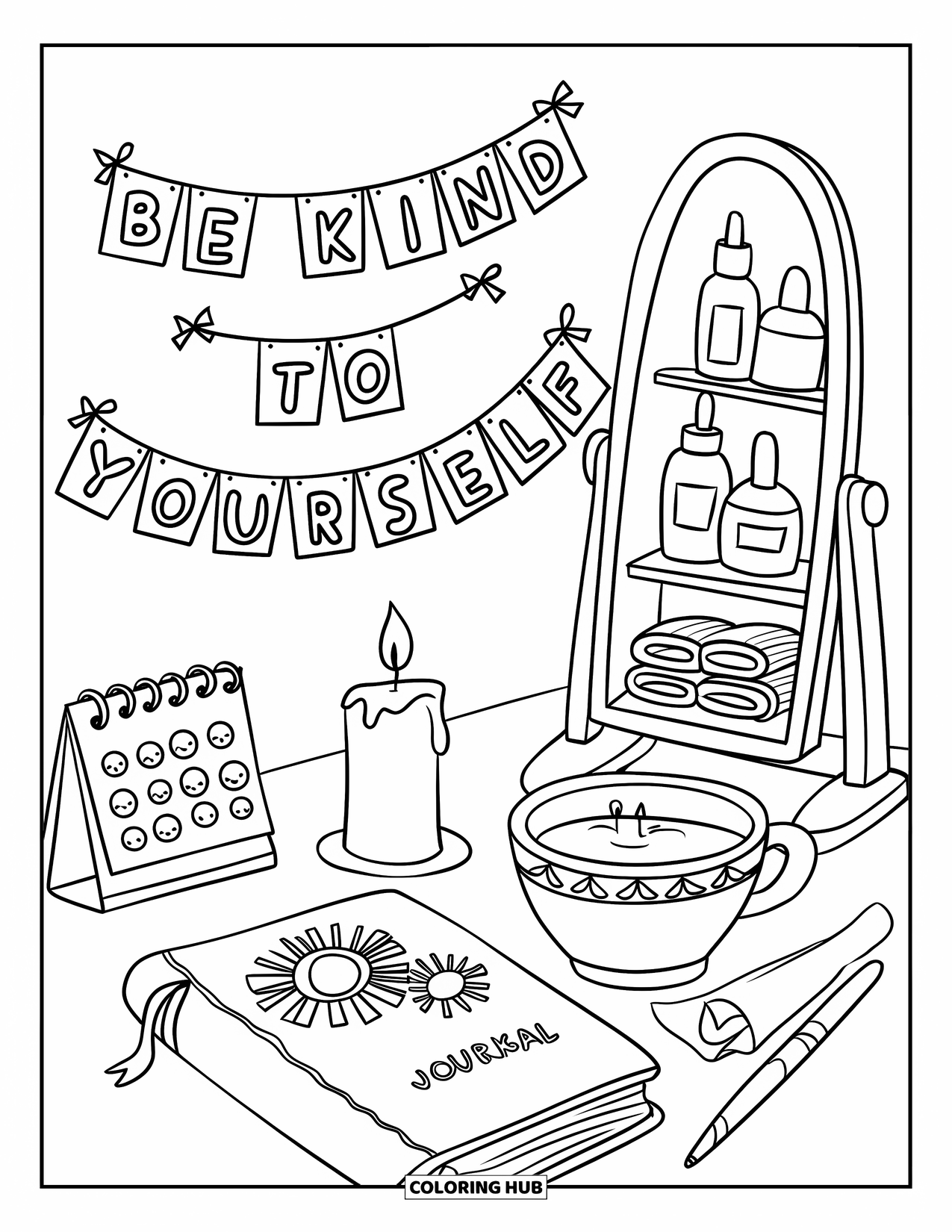 Self Esteem Coloring Page for Kids: Desk with tea, candle, and banner saying "Be Kind to Yourself"