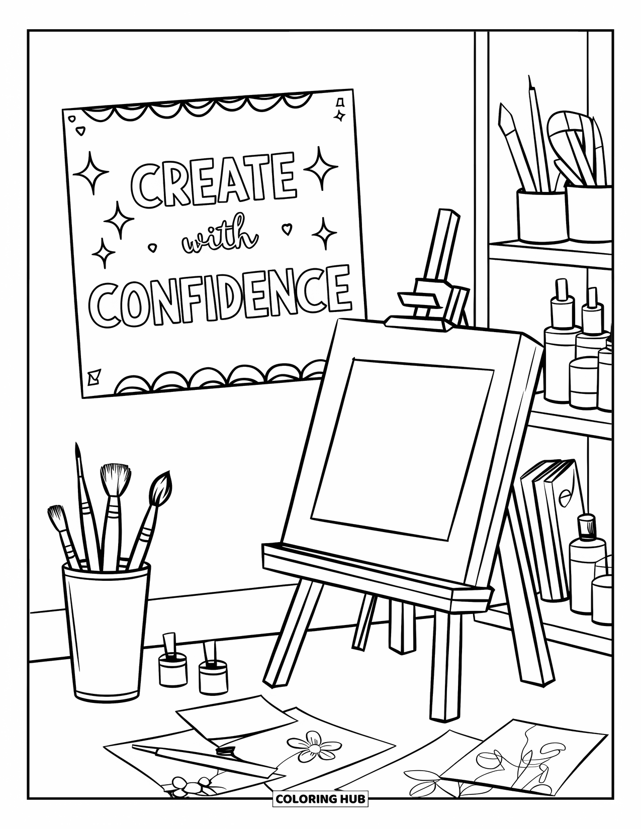 Self Esteem Coloring Page for Kids: Easel and brushes with doodles on the floor and a "Create with Confidence" poster