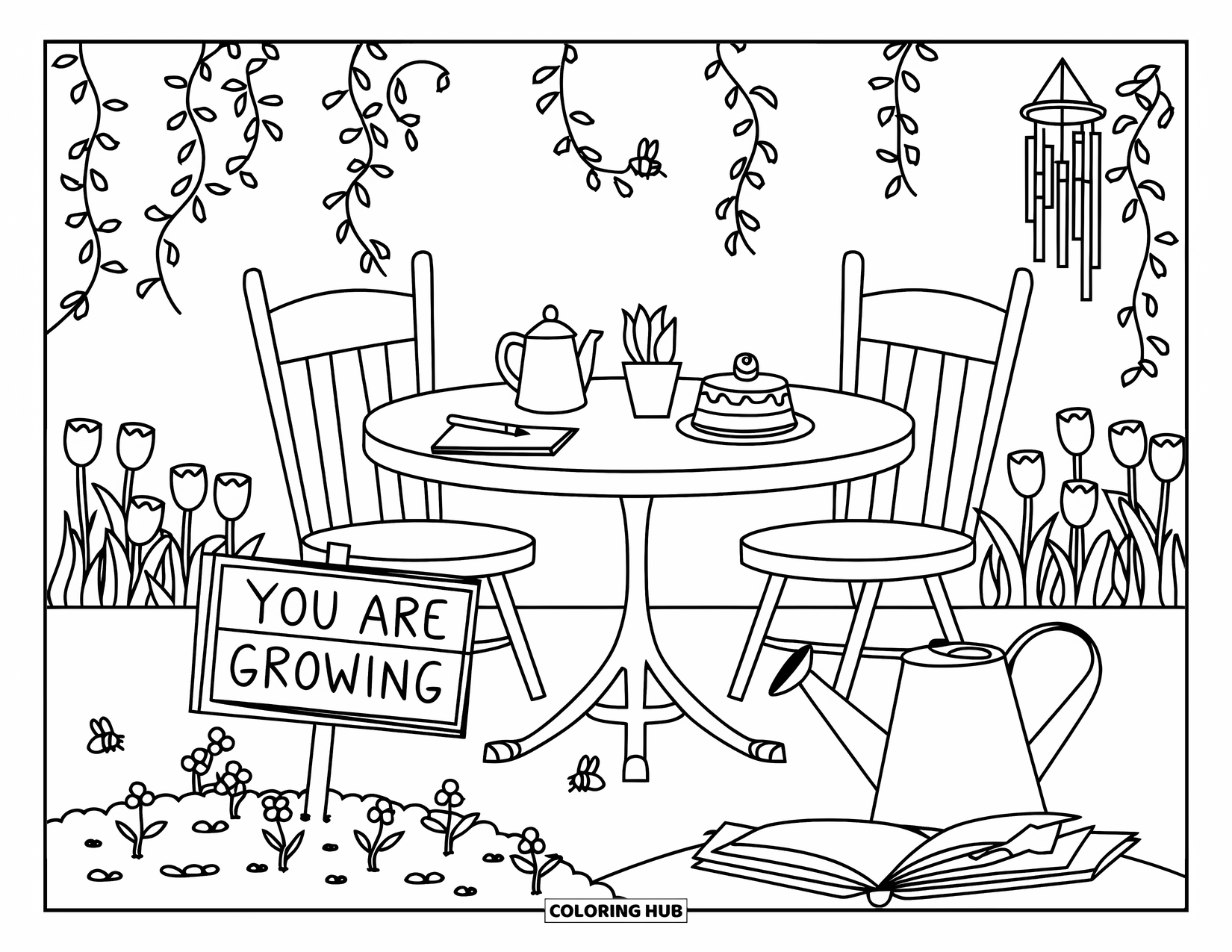Self Esteem Coloring Page for Kids: Flower-filled yard with tea, cake, and a "You Are Growing" garden sign