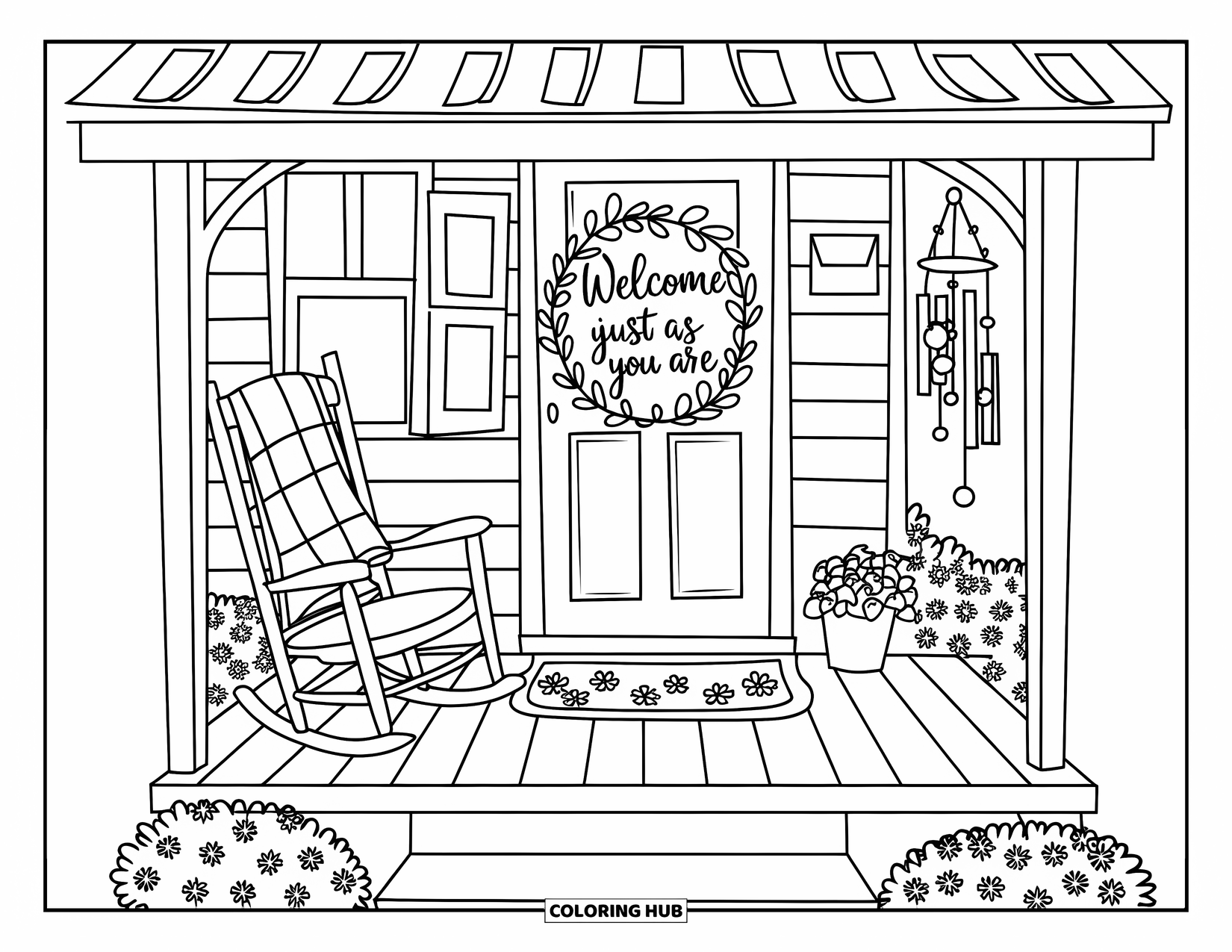 Self Esteem Coloring Page for Kids: Front porch with rocking chair, flowers, and a warm welcome sign