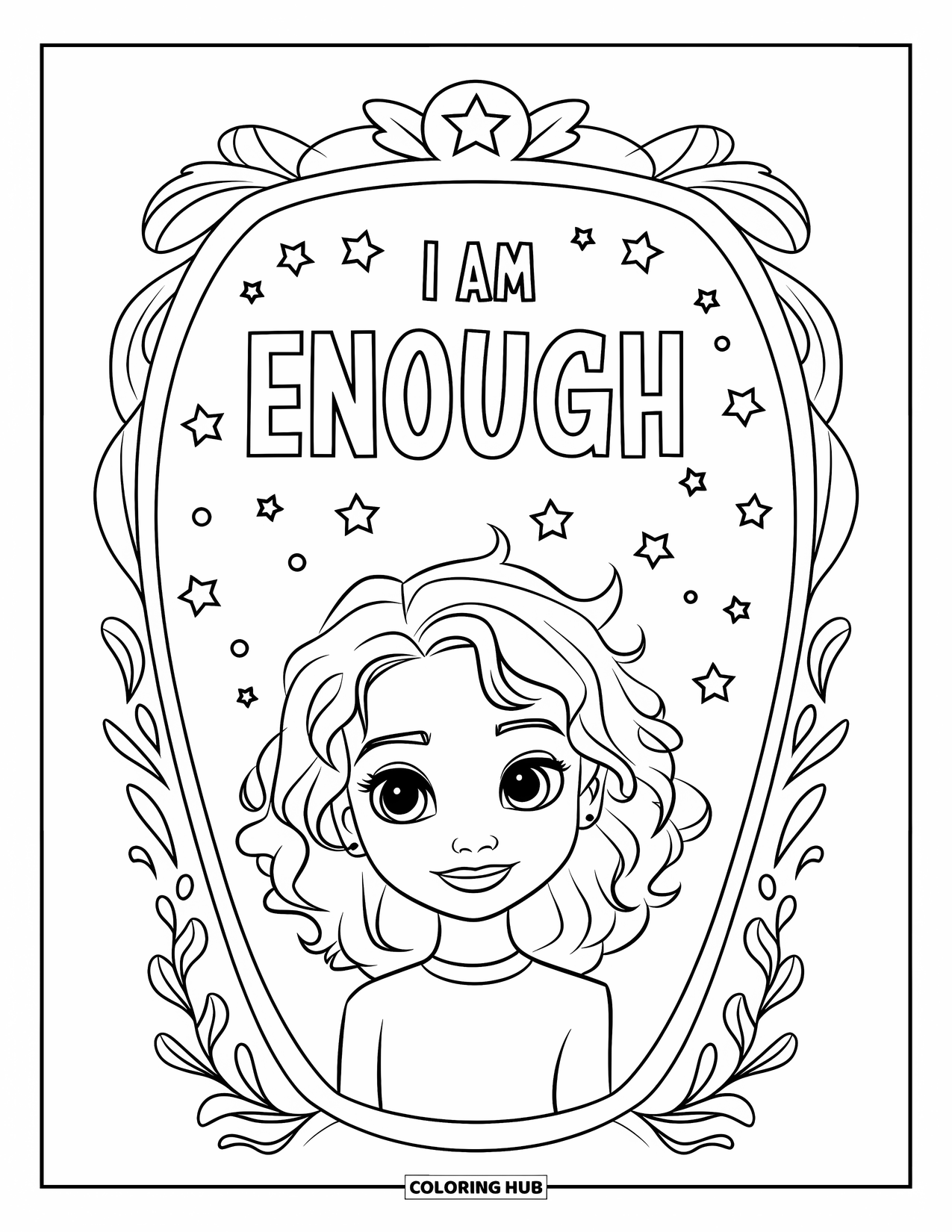Self Esteem Coloring Page for Kids: Girl with curly hair in front of a mirror saying "I Am Enough"