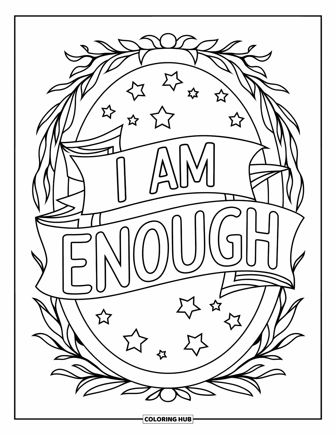 Self Esteem Coloring Page for Kids: Mirror frame with stars and vines around the words "I Am Enough"