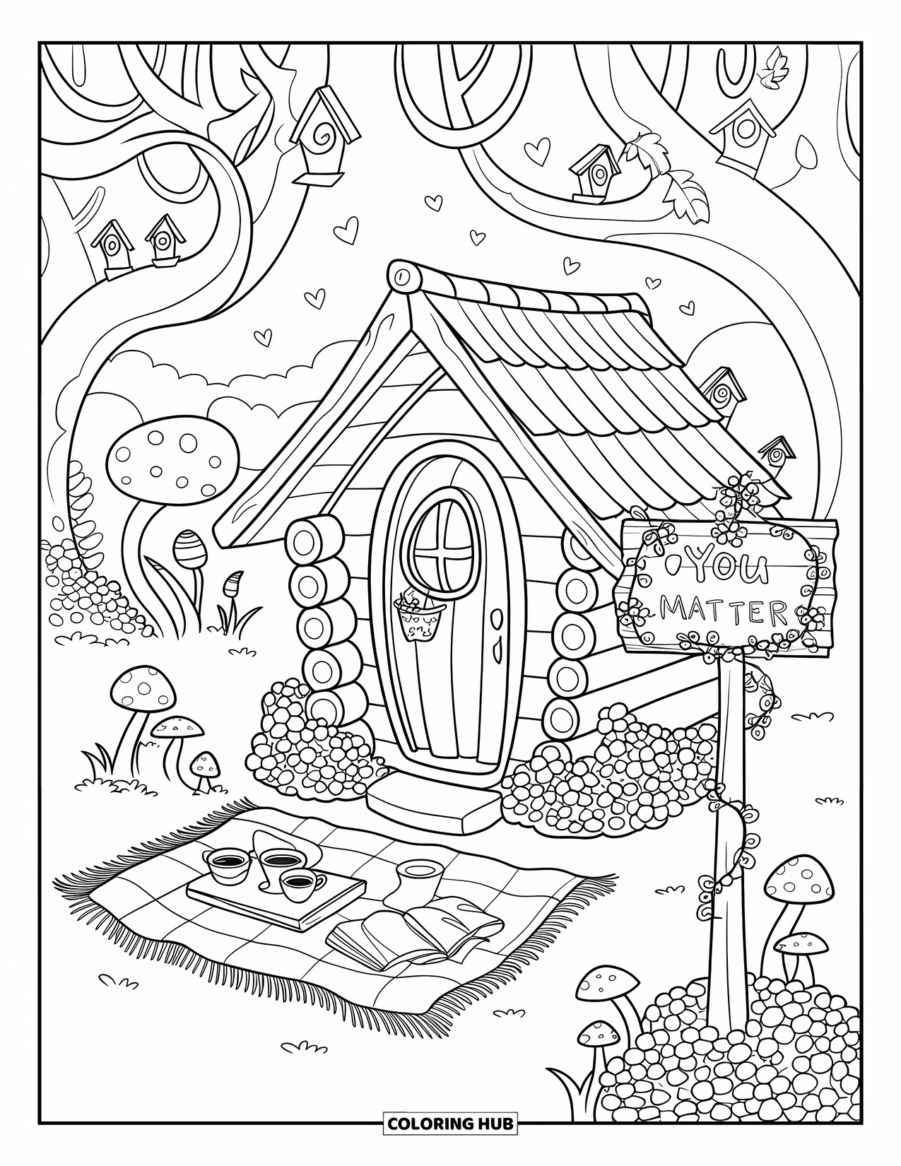 Self Esteem Coloring Page for Kids: Peaceful cabin picnic with tea cups and sign "You Matter"
