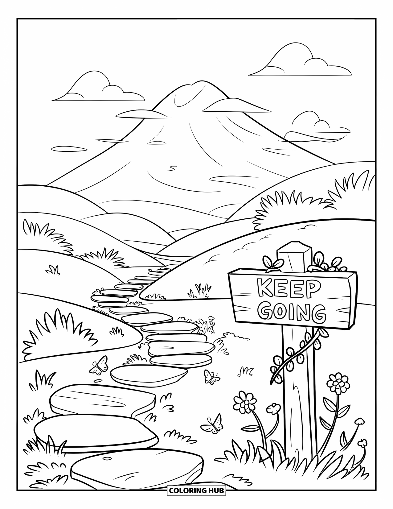 Self Esteem Coloring Page for Kids: Peaceful path with stepping stones, butterflies, and a "Keep Going" signpost