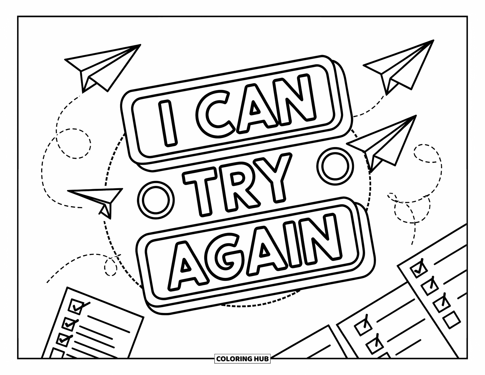 Self Esteem Coloring Page for Kids: Reset button surrounded by checklists and the phrase "I Can Try Again"