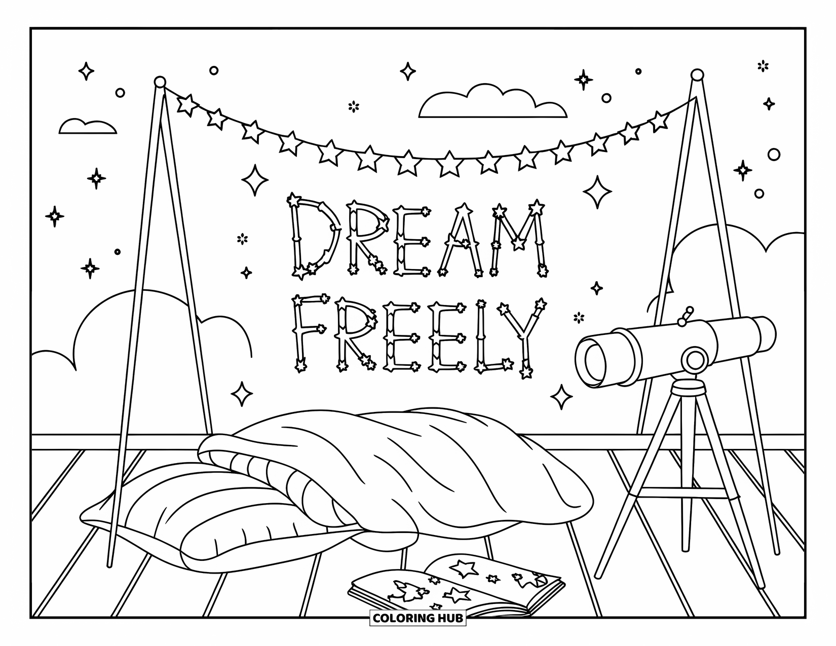 Self Esteem Coloring Page for Kids: Rooftop scene with a telescope, star map, and constellation words "Dream Freely"