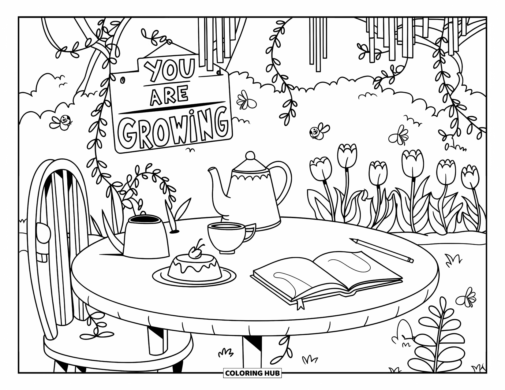 Self Esteem Coloring Page for Kids: Round table with cake, watering can, and "You Are Growing" sign