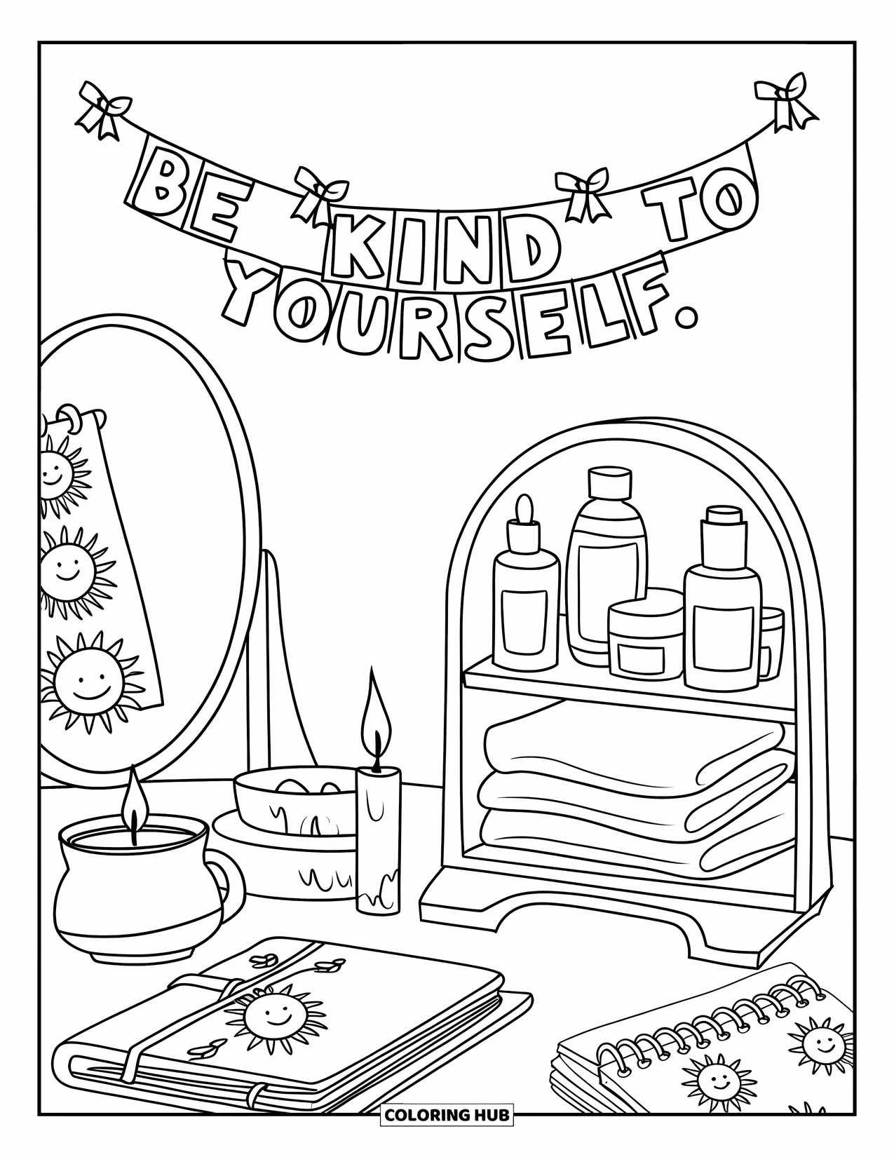 Self Esteem Coloring Page for Kids: Tea and journal on a desk with banner "Be Kind to Yourself"