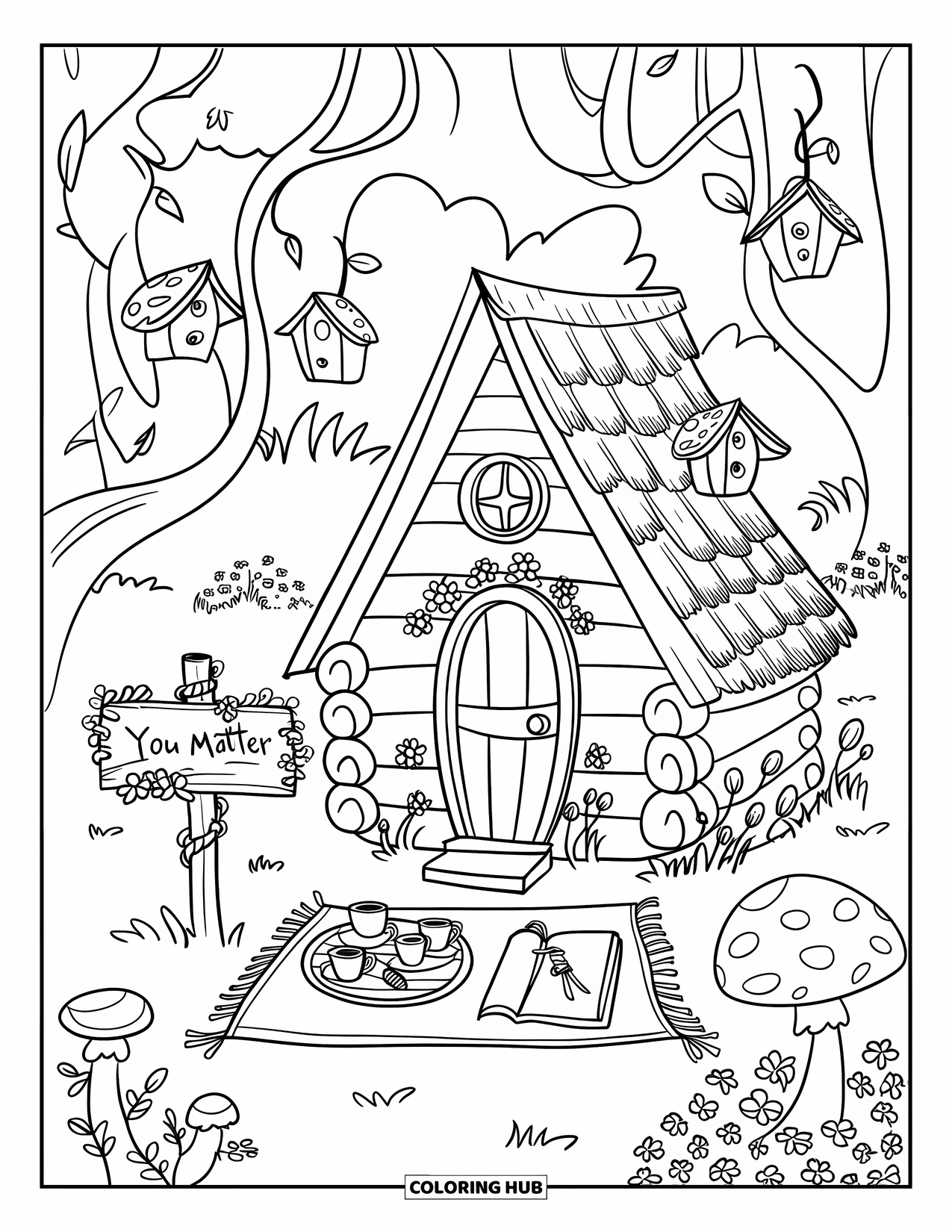 Self Esteem Coloring Page for Kids: Tiny cabin with mushrooms, birdhouses, and a "You Matter" sign