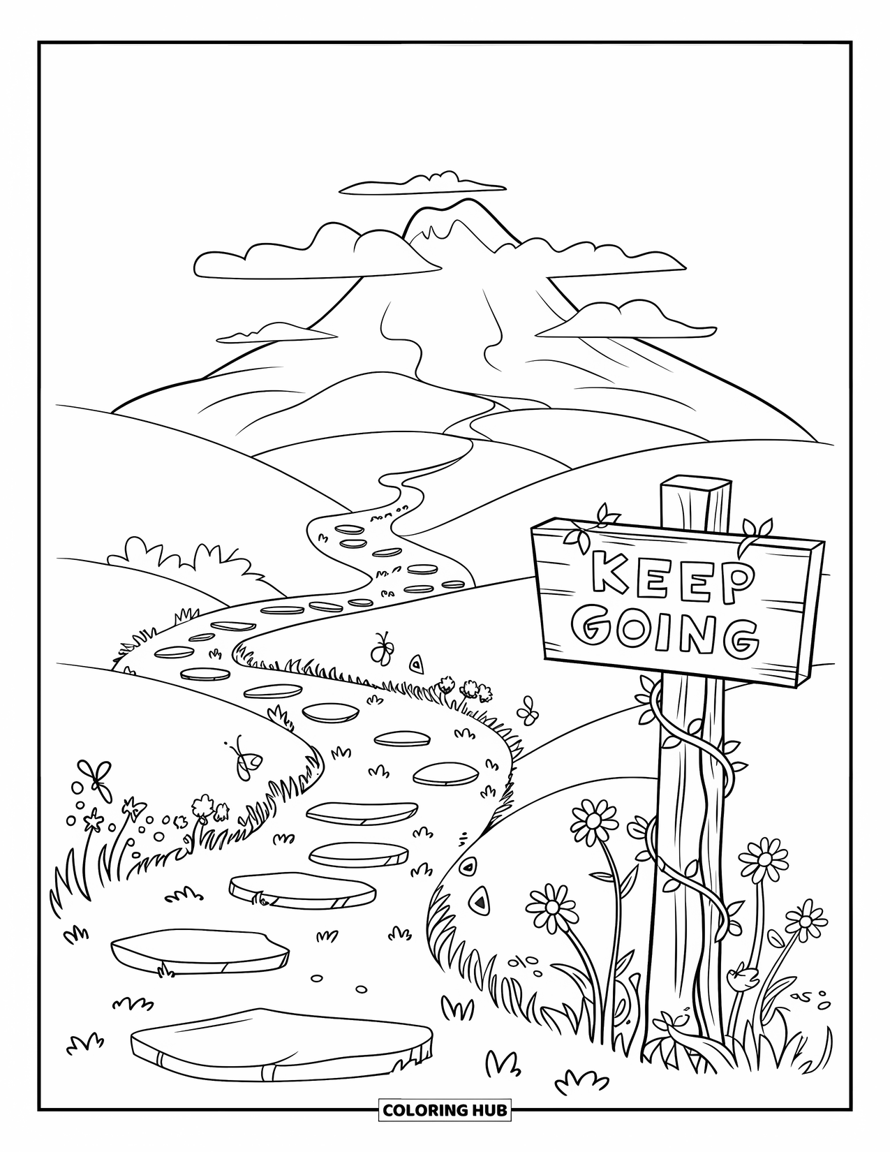 Self Esteem Coloring Page for Kids: Winding trail with wildflowers, butterflies, and a "Keep Going" sign