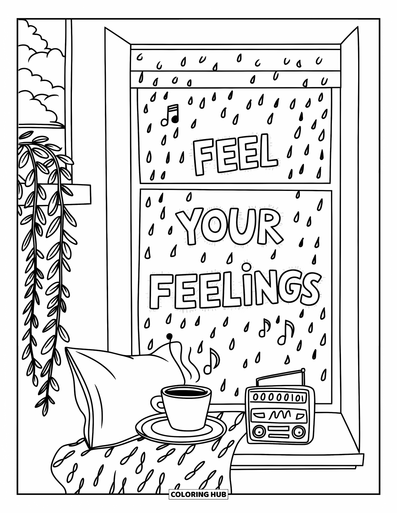 Self Esteem Coloring Page for Kids: Window nook with blanket, tea, and "Feel Your Feelings" written in fog