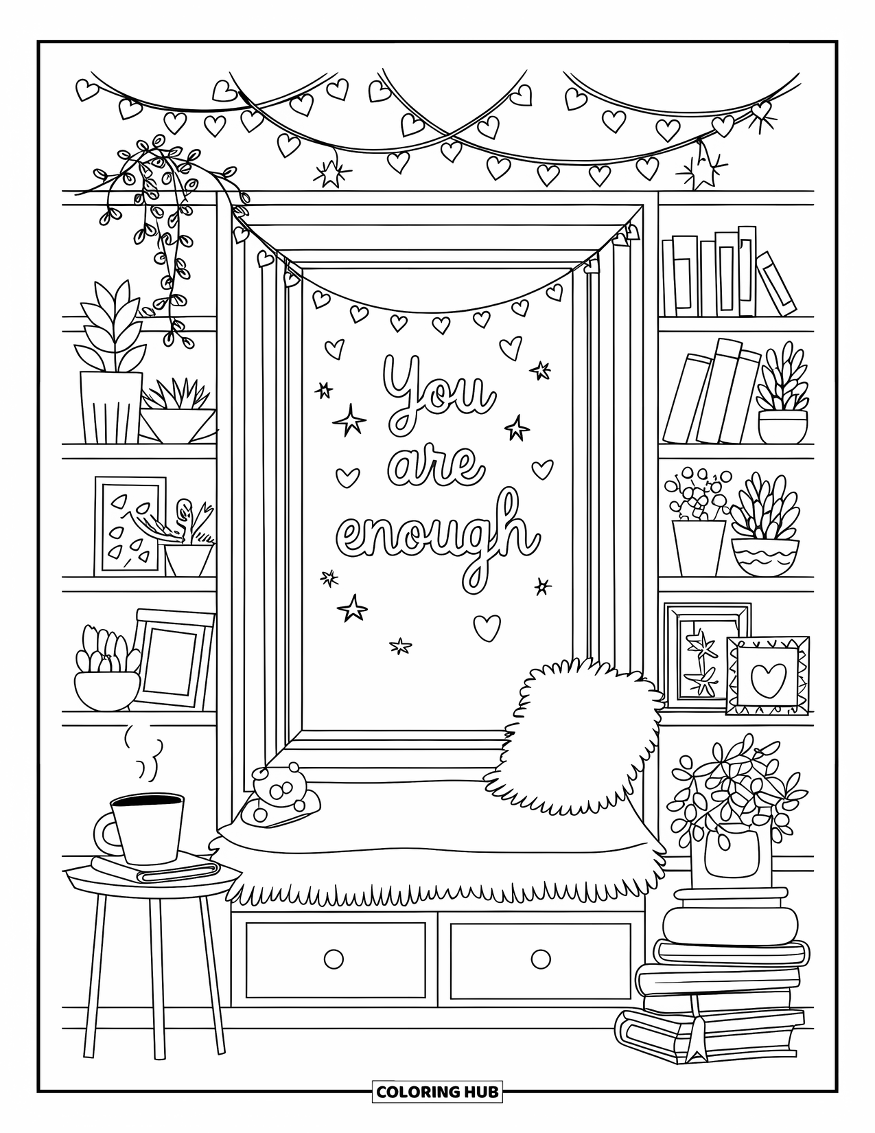 Self Esteem Coloring Page for Kids: Window seat with cushion, books, and a banner saying "You Are Enough"