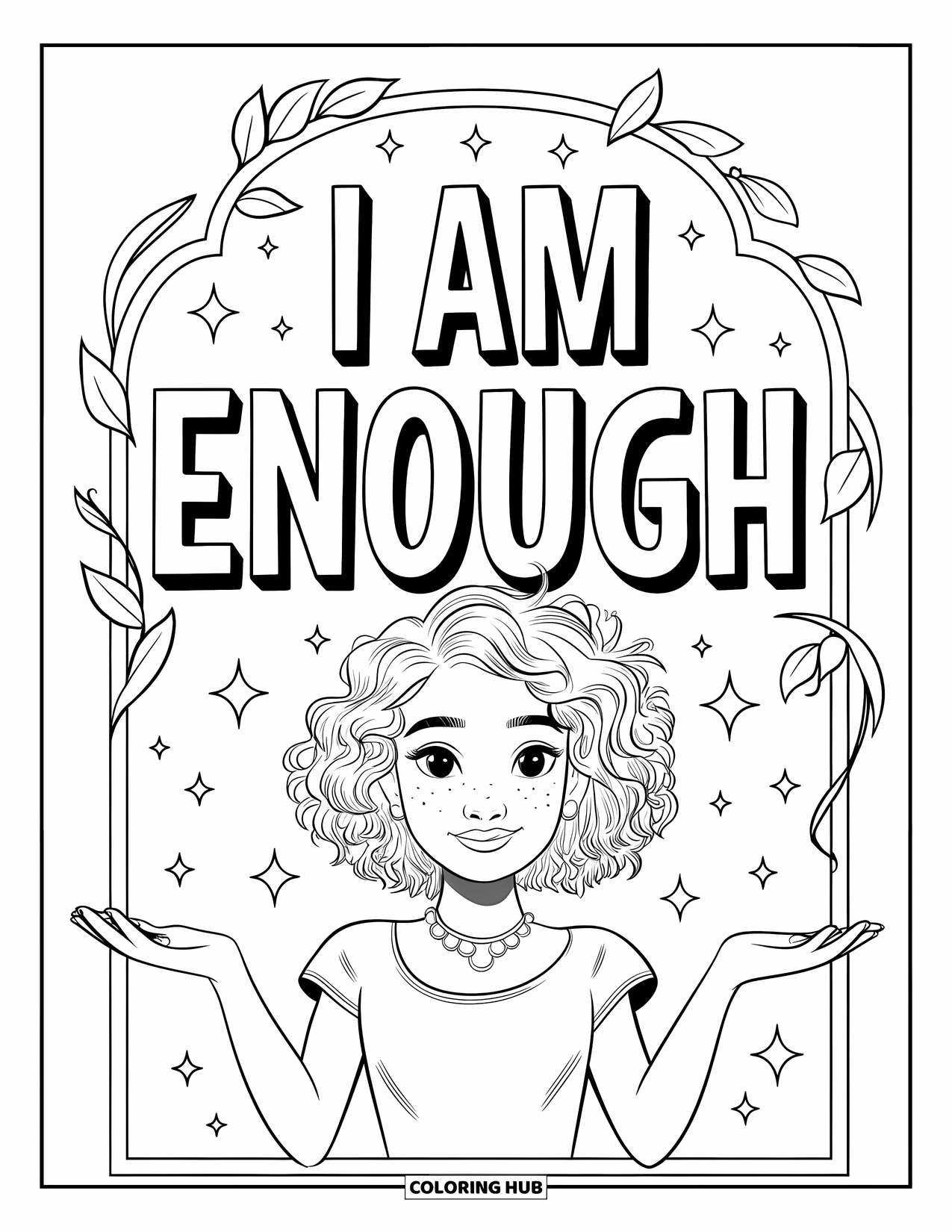 Self Esteem Coloring Page for Kids: Young woman with necklace and text beside her "I Am Enough"