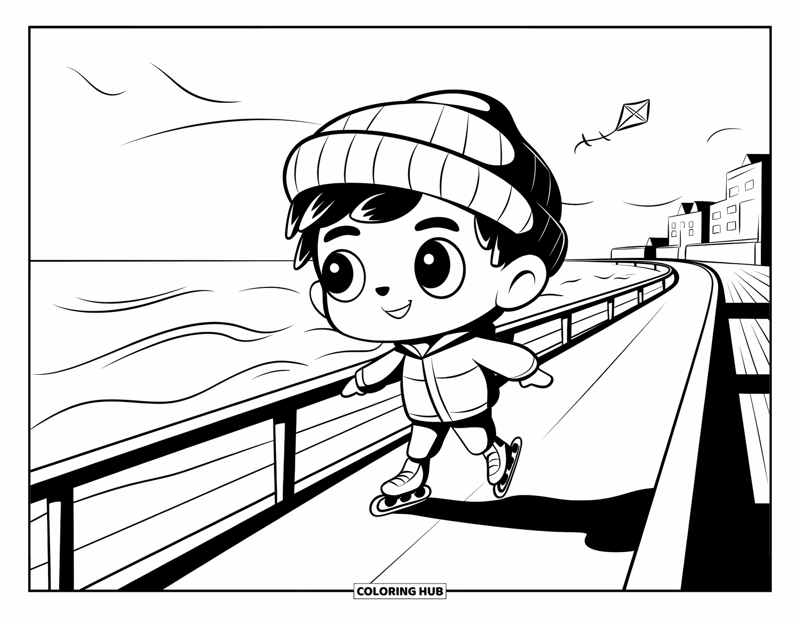 Skateboard Coloring Page for Adults: A chibi boy in a jacket skates near waves and a flying kite