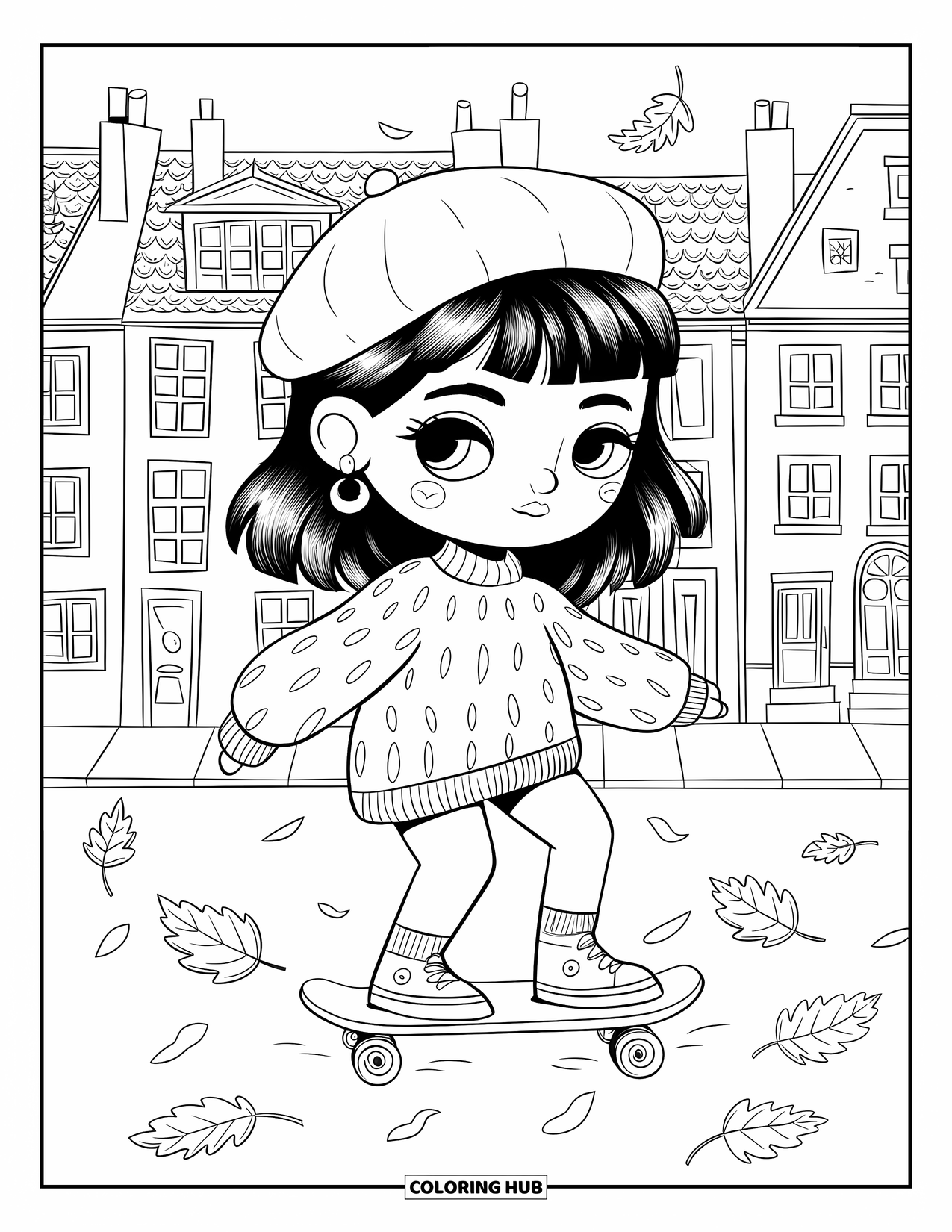 Skateboard Coloring Page for Adults: A chibi girl in a beret skates over autumn leaves by cozy houses
