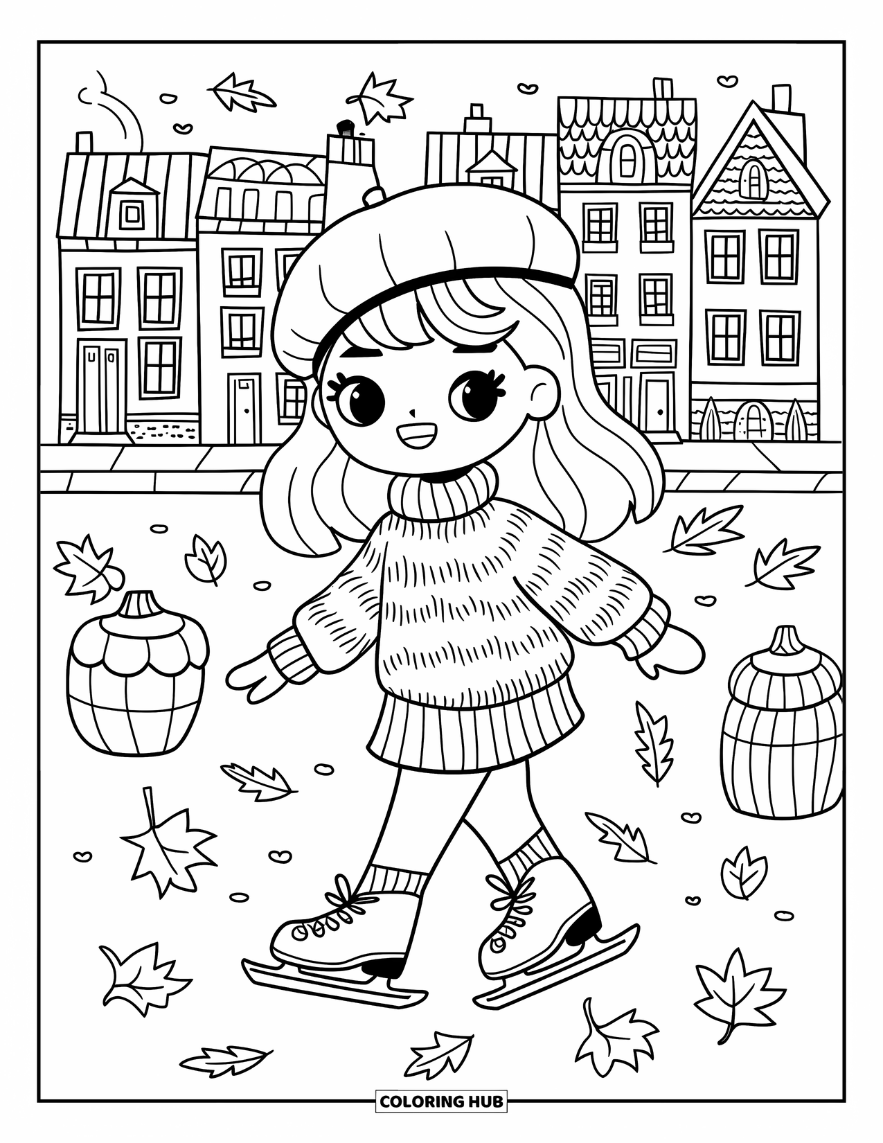 Skateboard Coloring Page for Adults: A chibi girl in a sweater skates over fallen leaves near townhouses