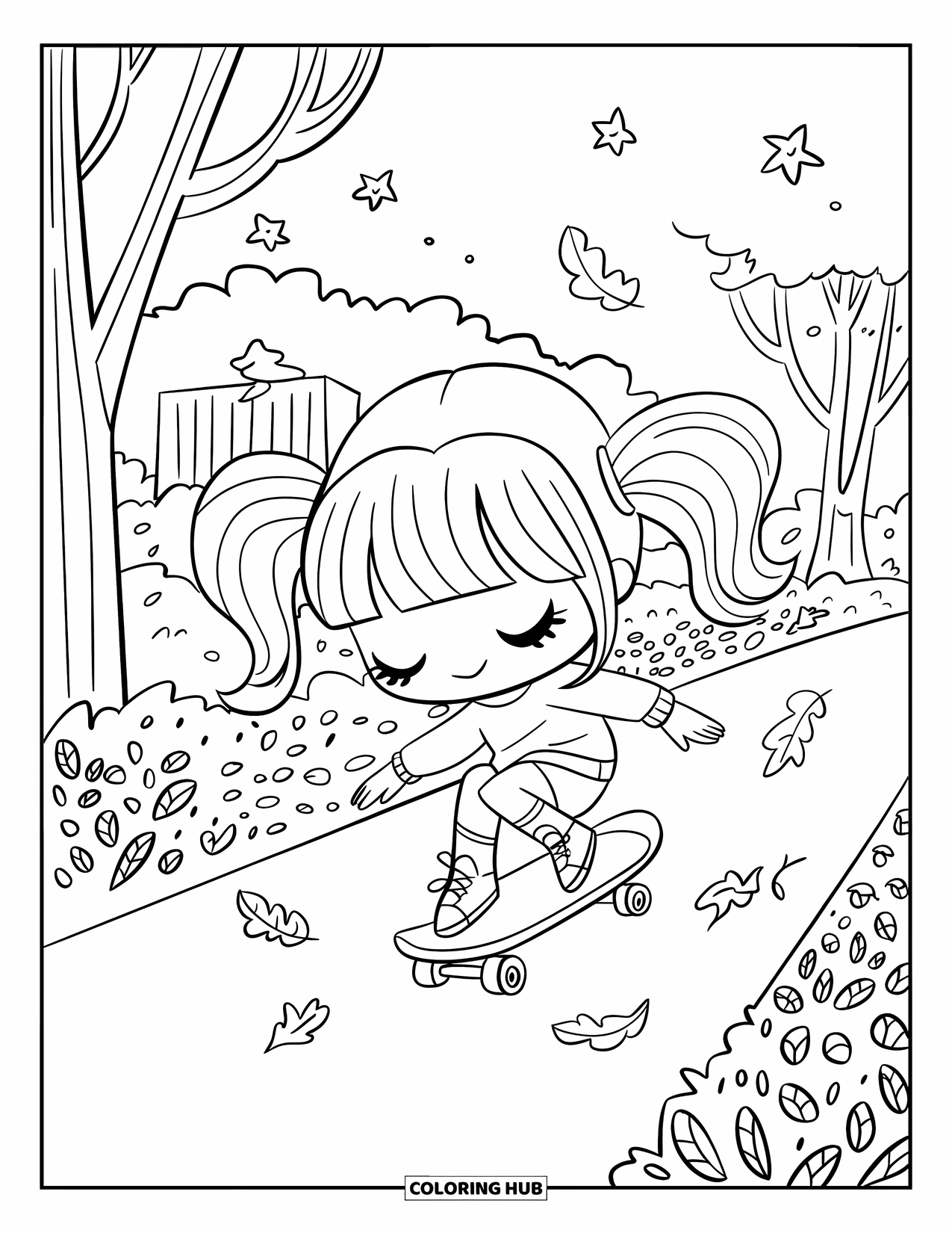 Skateboard Coloring Page for Adults: A chibi girl with pigtails skates among leaves, stars, and nearby buildings