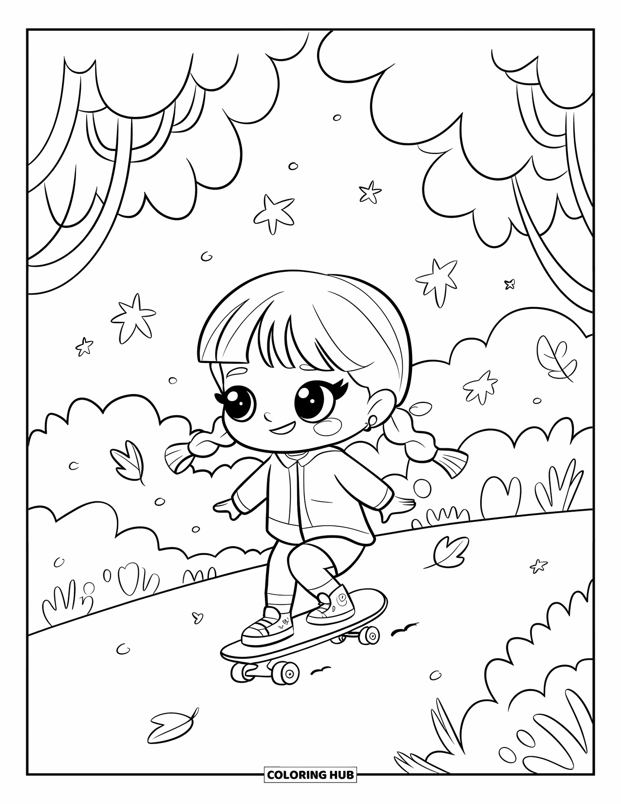 Skateboard Coloring Page for Adults: A chibi girl with pigtails skates down a park path with falling leaves