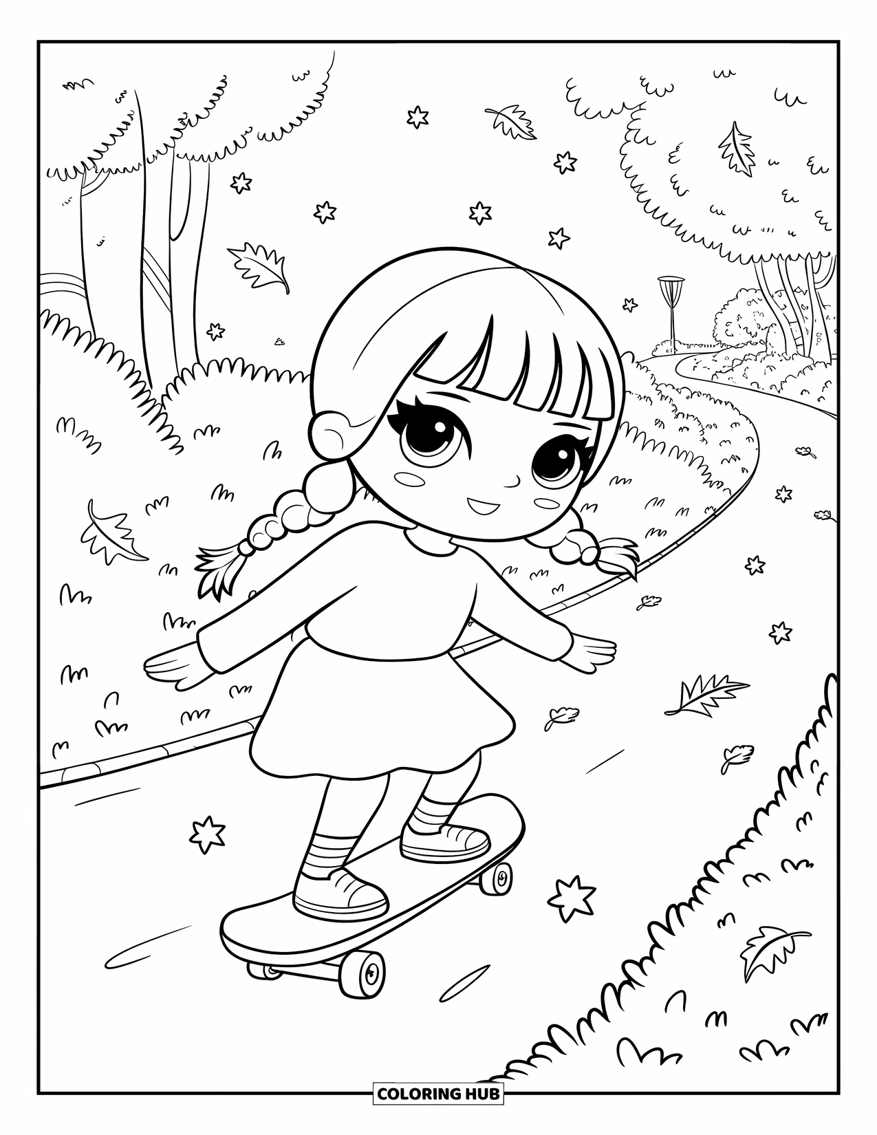 Skateboard Coloring Page for Adults: A chibi girl with pigtails skates under leaves and stars along a park path