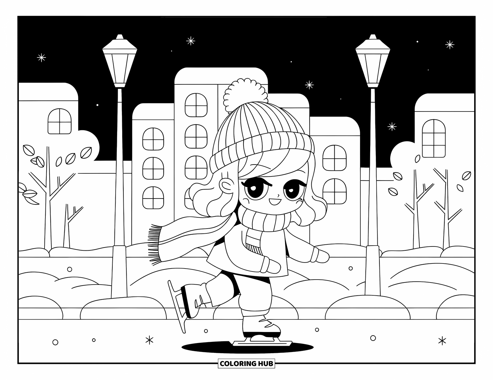 Skateboard Coloring Page for Adults: A chibi teen in a scarf skates on a snowy evening under glowing lamps