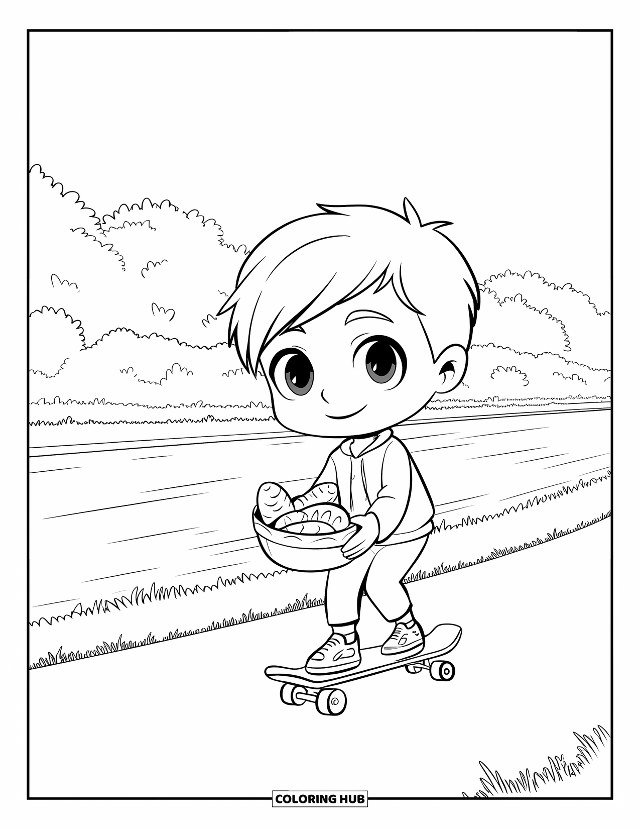 Skateboard Coloring Page for Adults: A chibi teen rides a skateboard by the river carrying baked goods