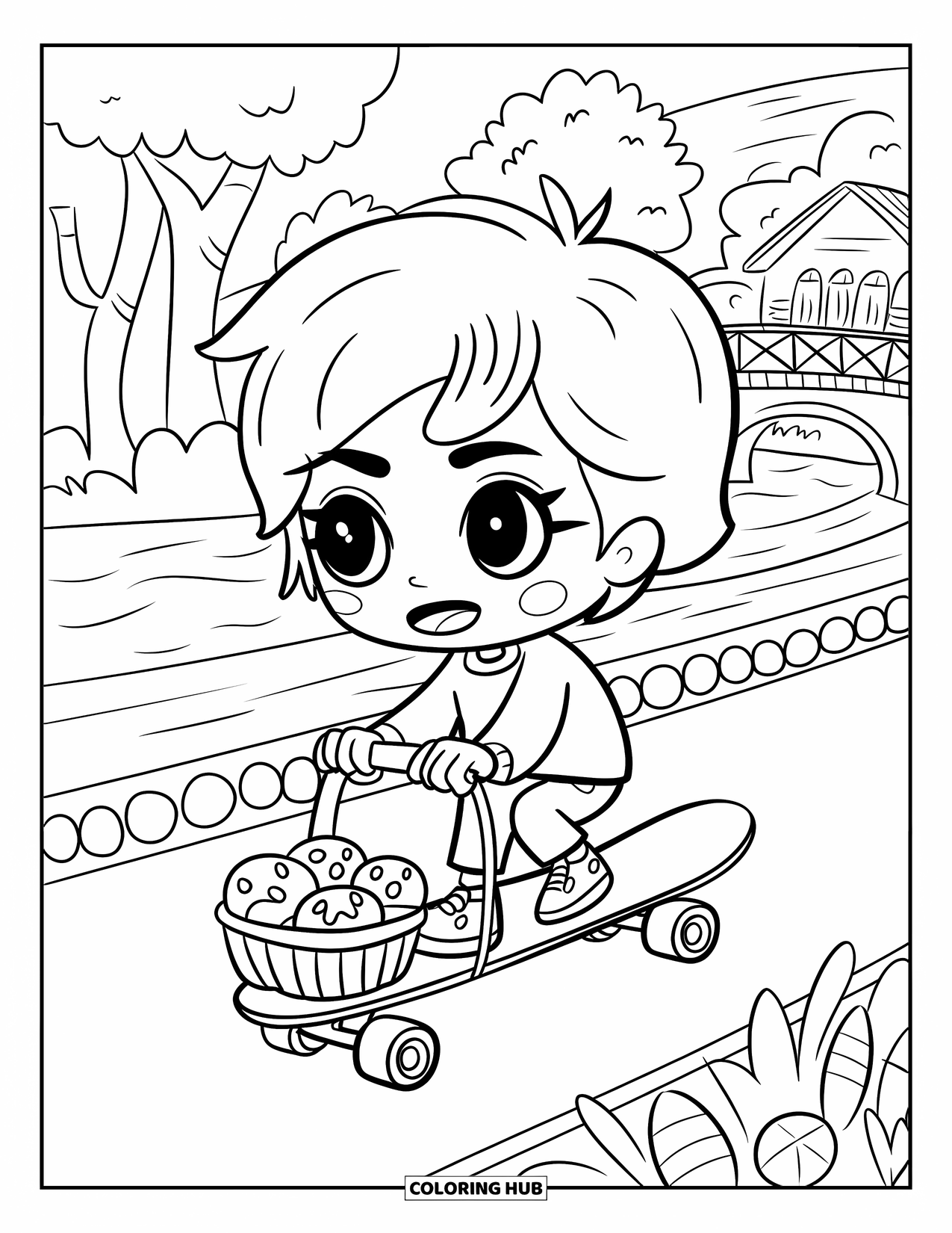 Skateboard Coloring Page for Adults: A chibi teen skates by the river with a basket of baked goods