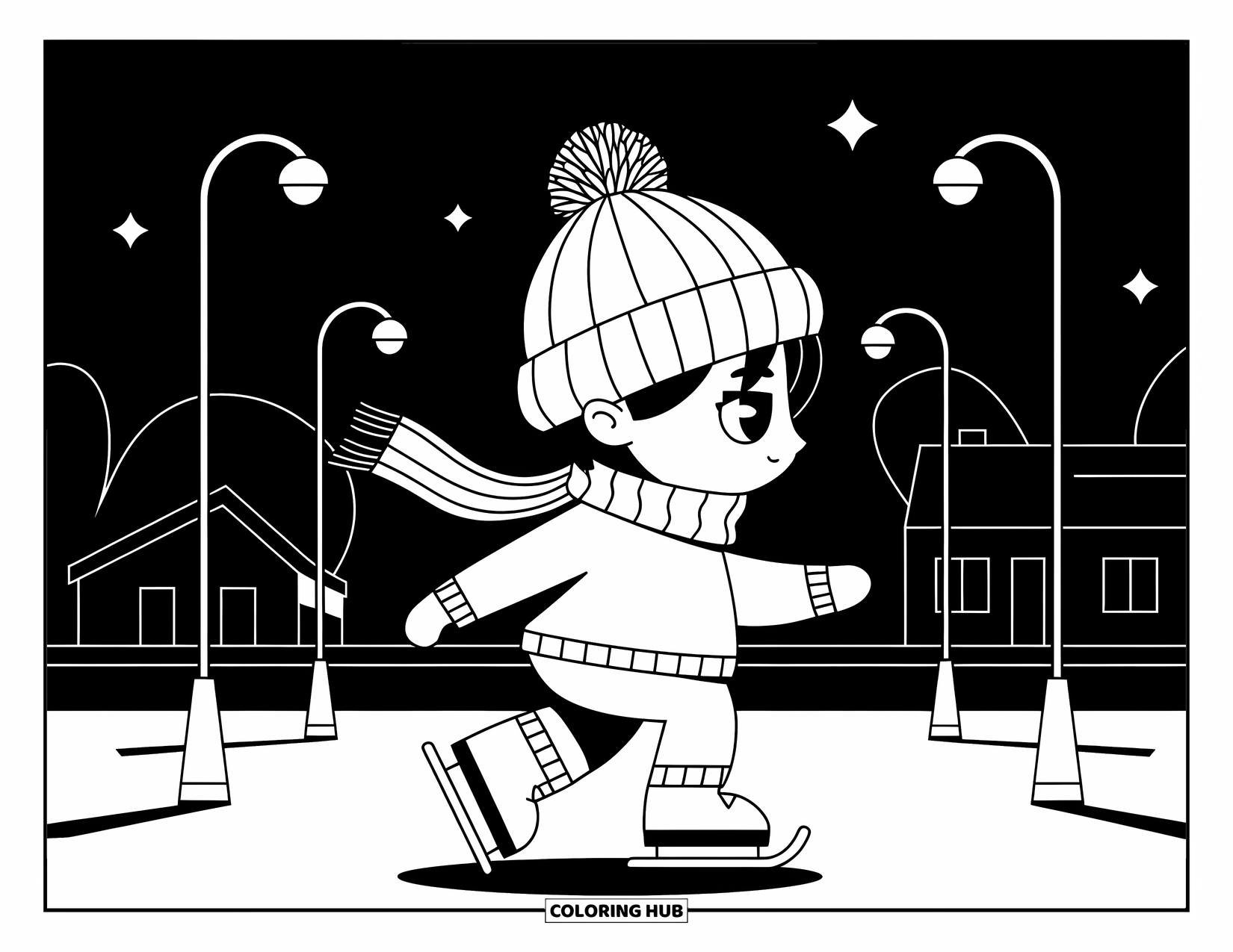 Skateboard Coloring Page for Adults: A chibi teen skates under glowing lamps with stars overhead