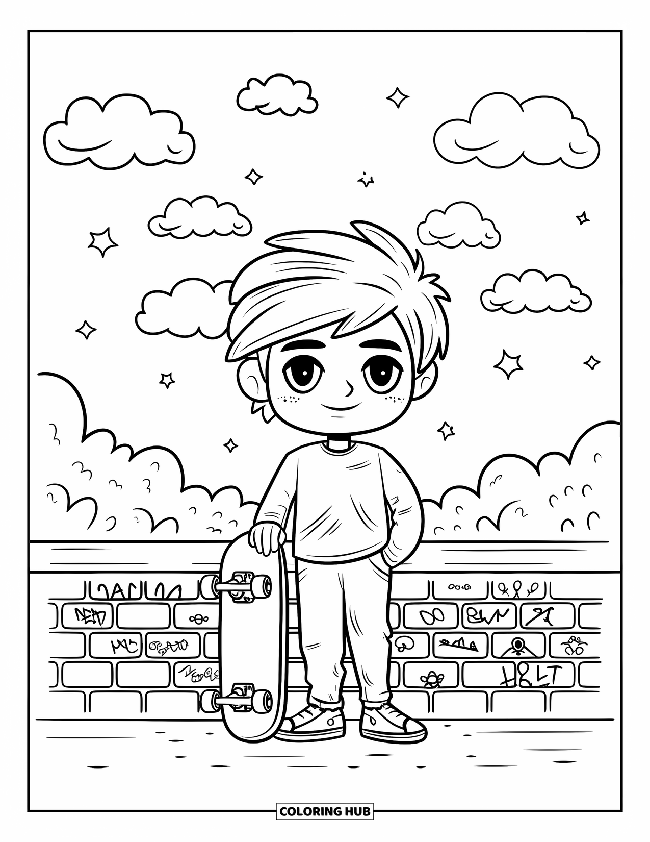 Skateboard Coloring Page for Adults: A chibi teen stands proudly with a skateboard by a graffiti wall