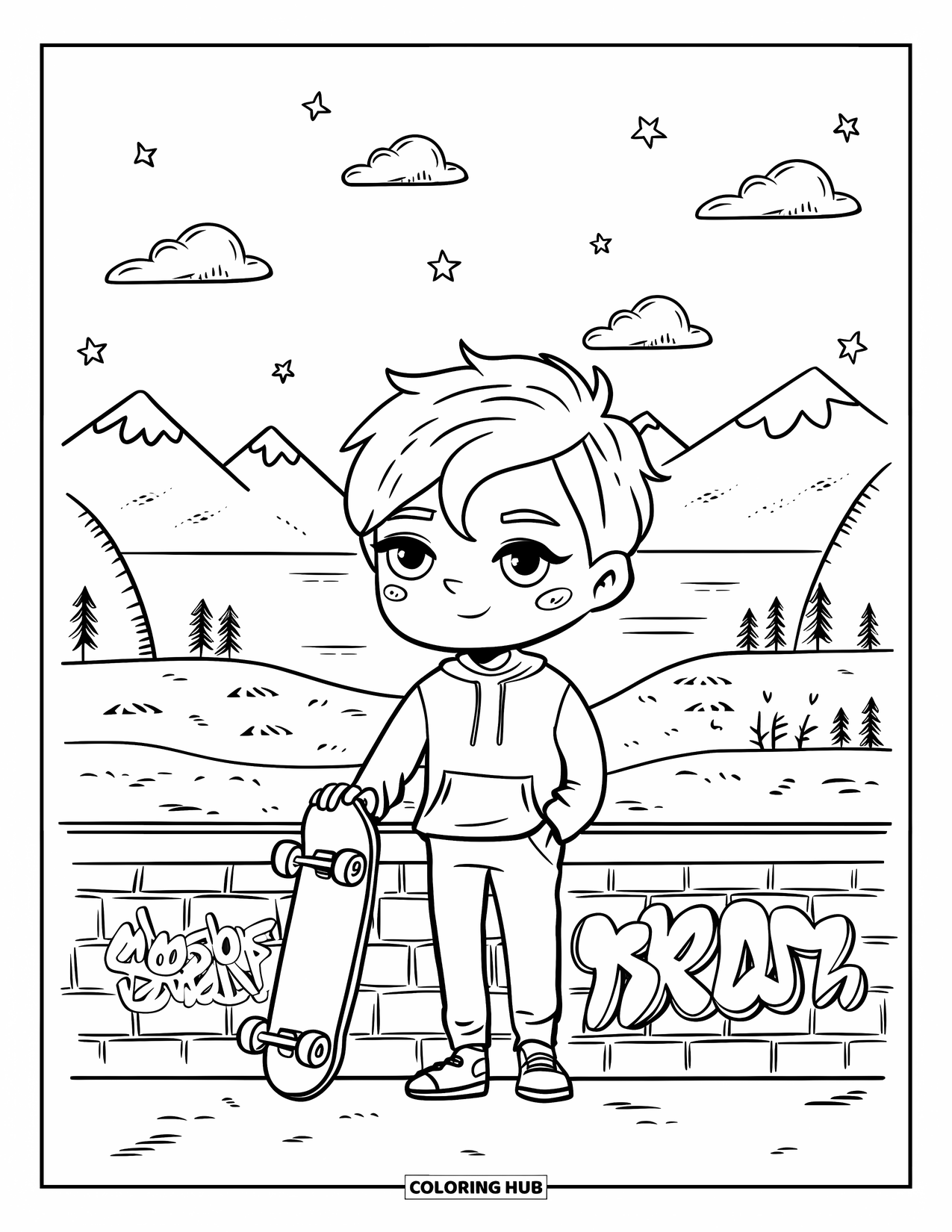 Skateboard Coloring Page for Adults: A chibi teen with a skateboard stands near a brick wall and mountains
