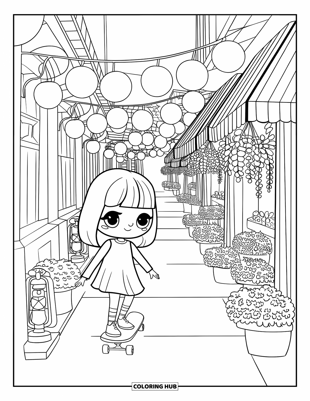 Skateboard Coloring Page for Adults: A kawaii girl skates past lanterns and tiny shops with hanging plants