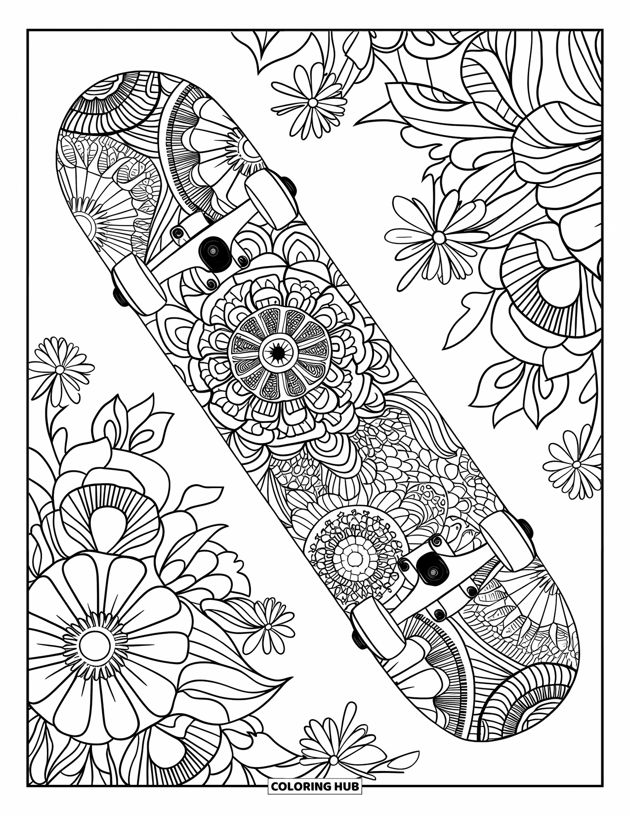 Skateboard Coloring Page for Adults: A skateboard deck covered in floral mandala patterns with roses and daisies