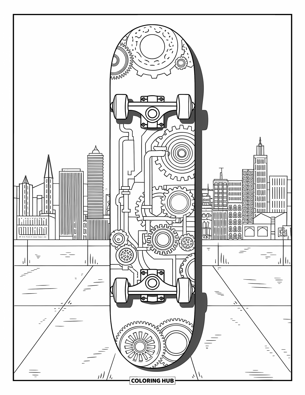 Skateboard Coloring Page for Adults: A skateboard deck decorated with gears and pipes in a steampunk style
