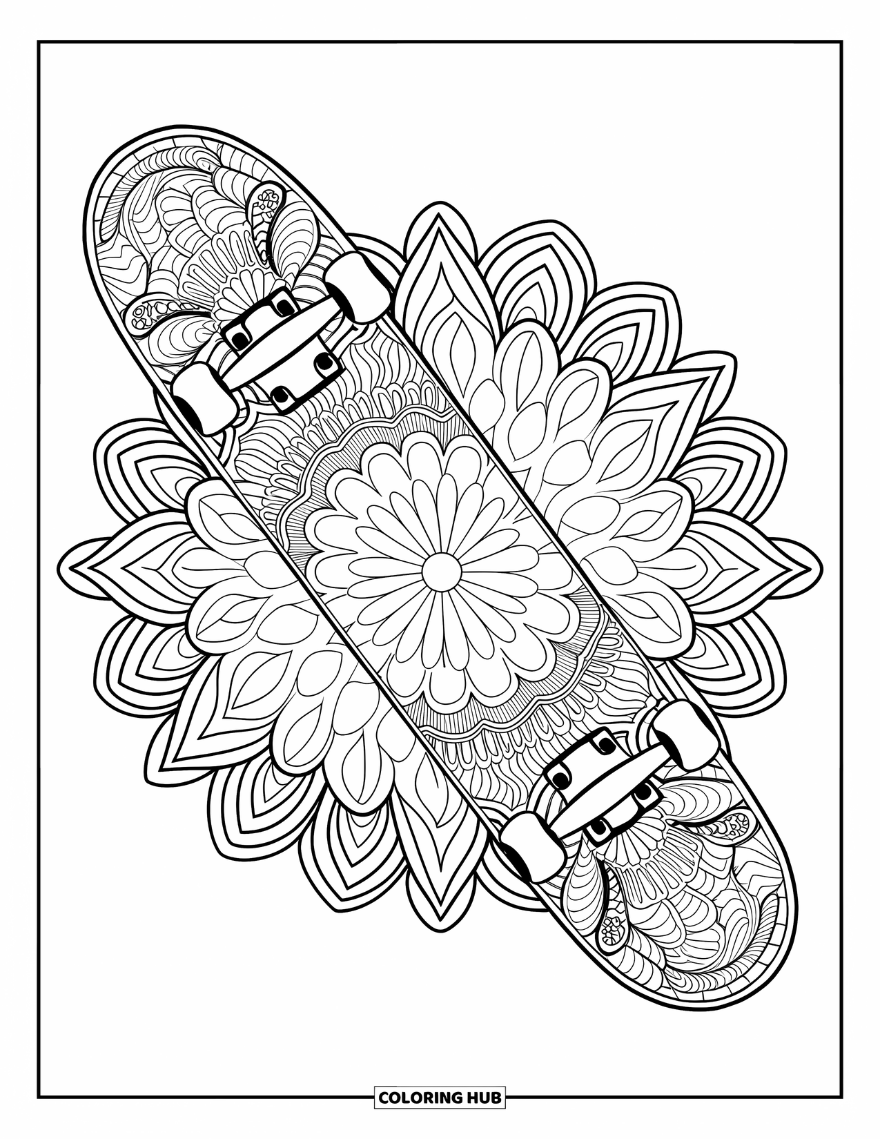 Skateboard Coloring Page for Adults: A skateboard deck filled with intricate floral mandala designs