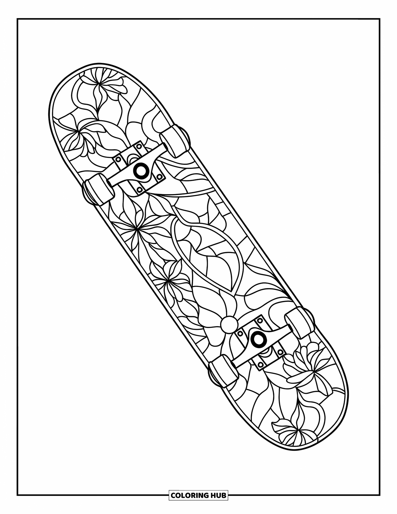 Skateboard Coloring Page for Adults: A skateboard deck with stained glass-style flowers and curved designs