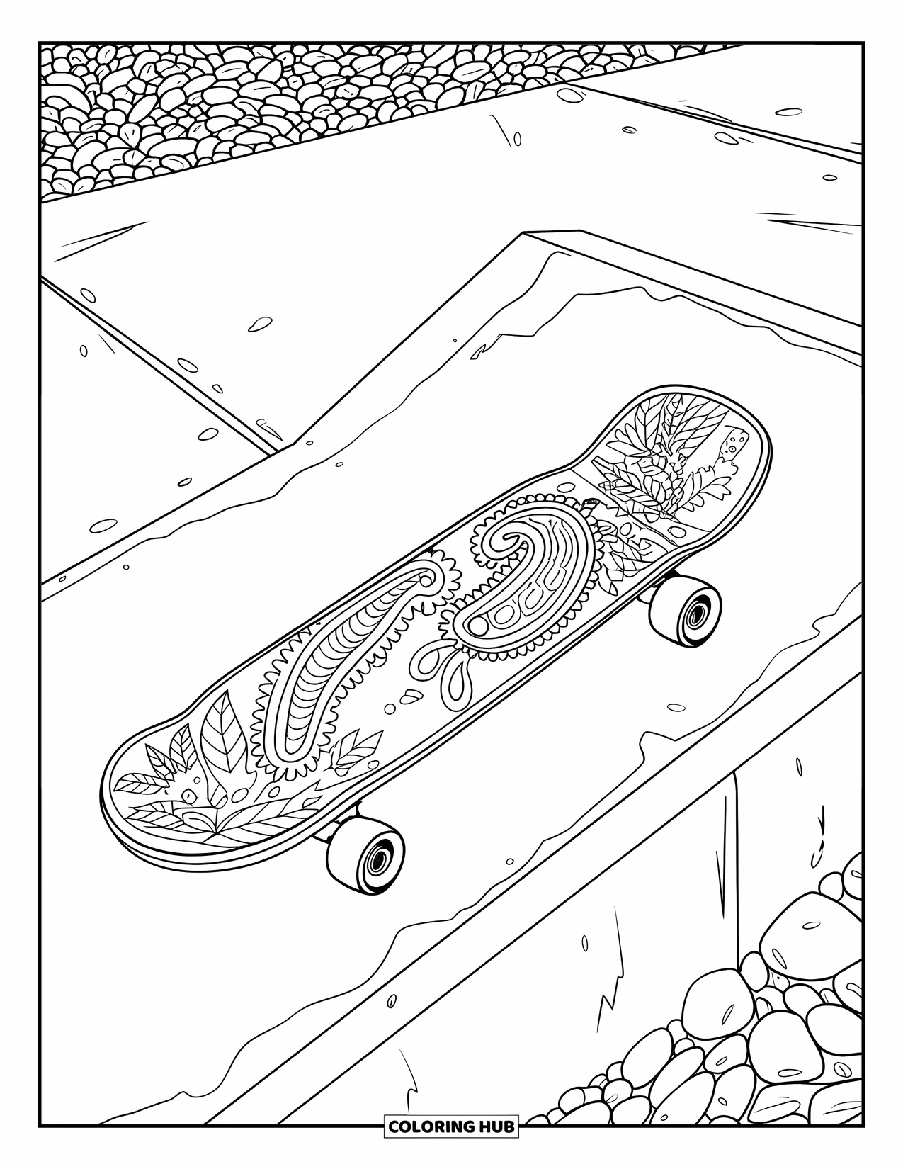 Skateboard Coloring Page for Adults: A skateboard decorated with paisley and leaf designs on a ramp
