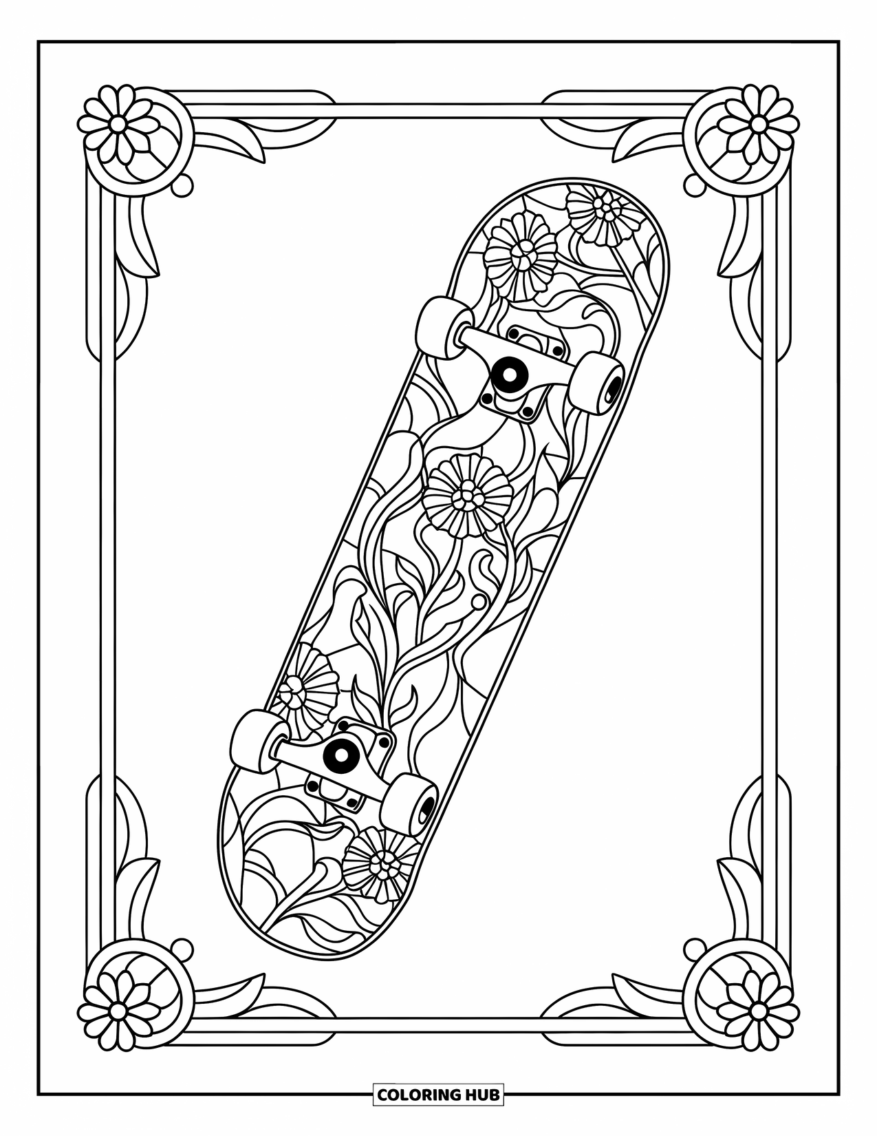 Skateboard Coloring Page for Adults: A skateboard decorated with stained glass-style flowers, vines, and borders