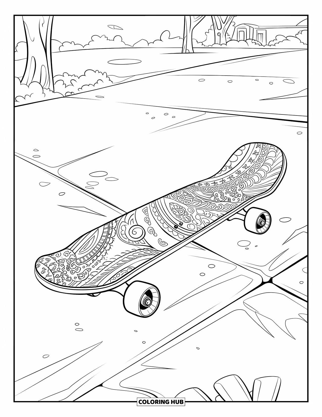 Skateboard Coloring Page for Adults: A skateboard with a paisley pattern placed on pavement near trees